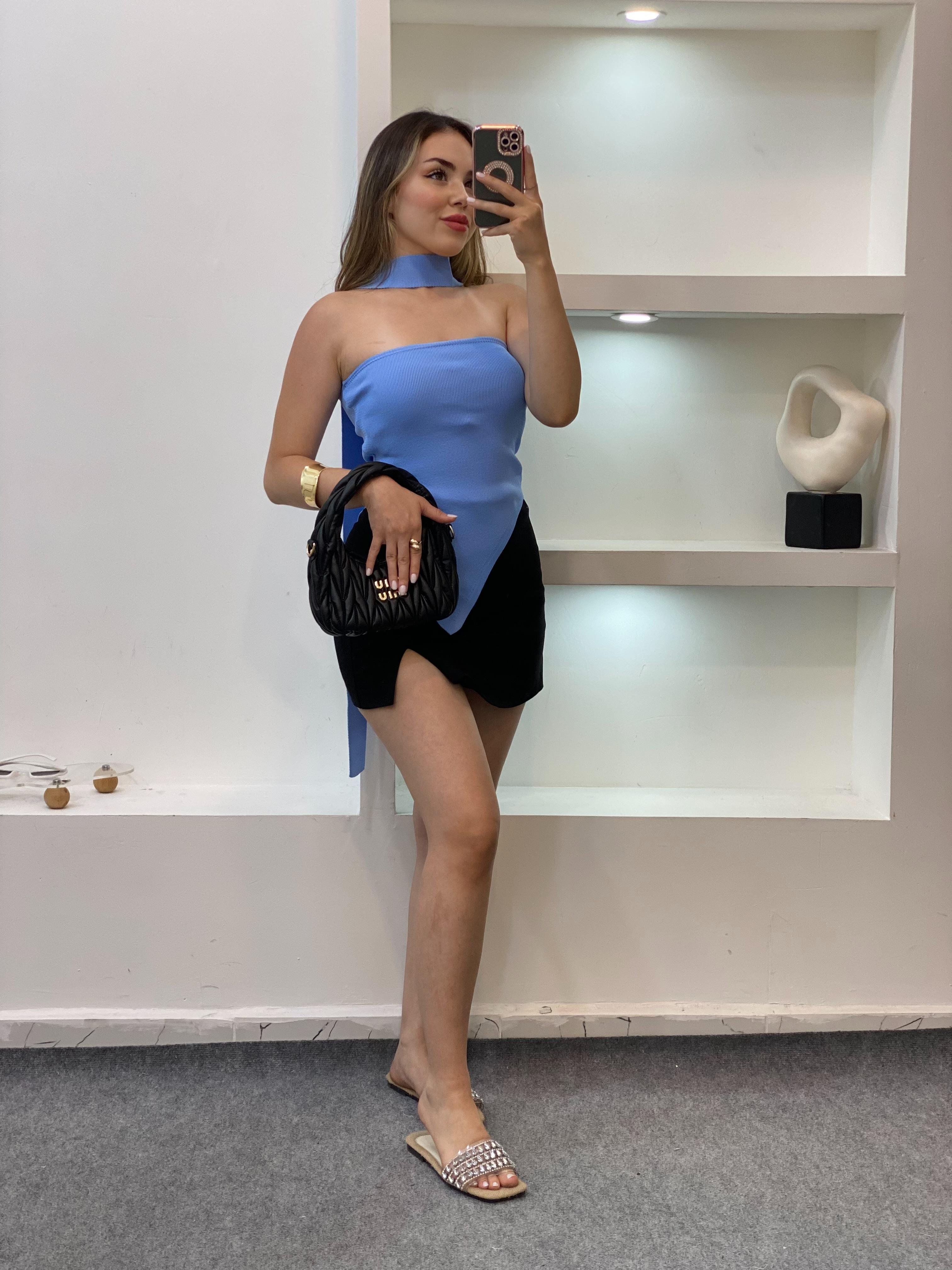 Mavi Fularlı Triko Bluz