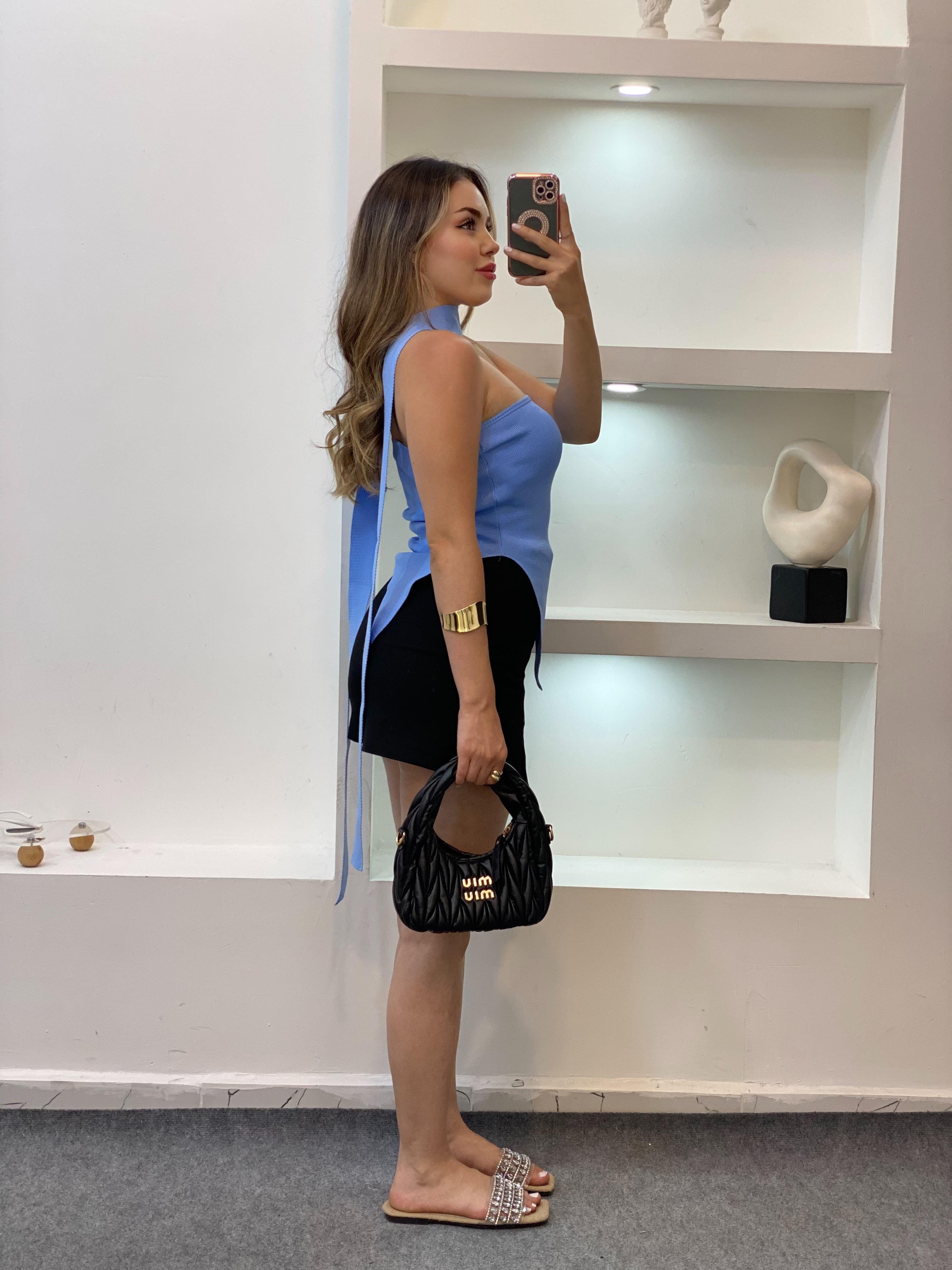 Mavi Fularlı Triko Bluz