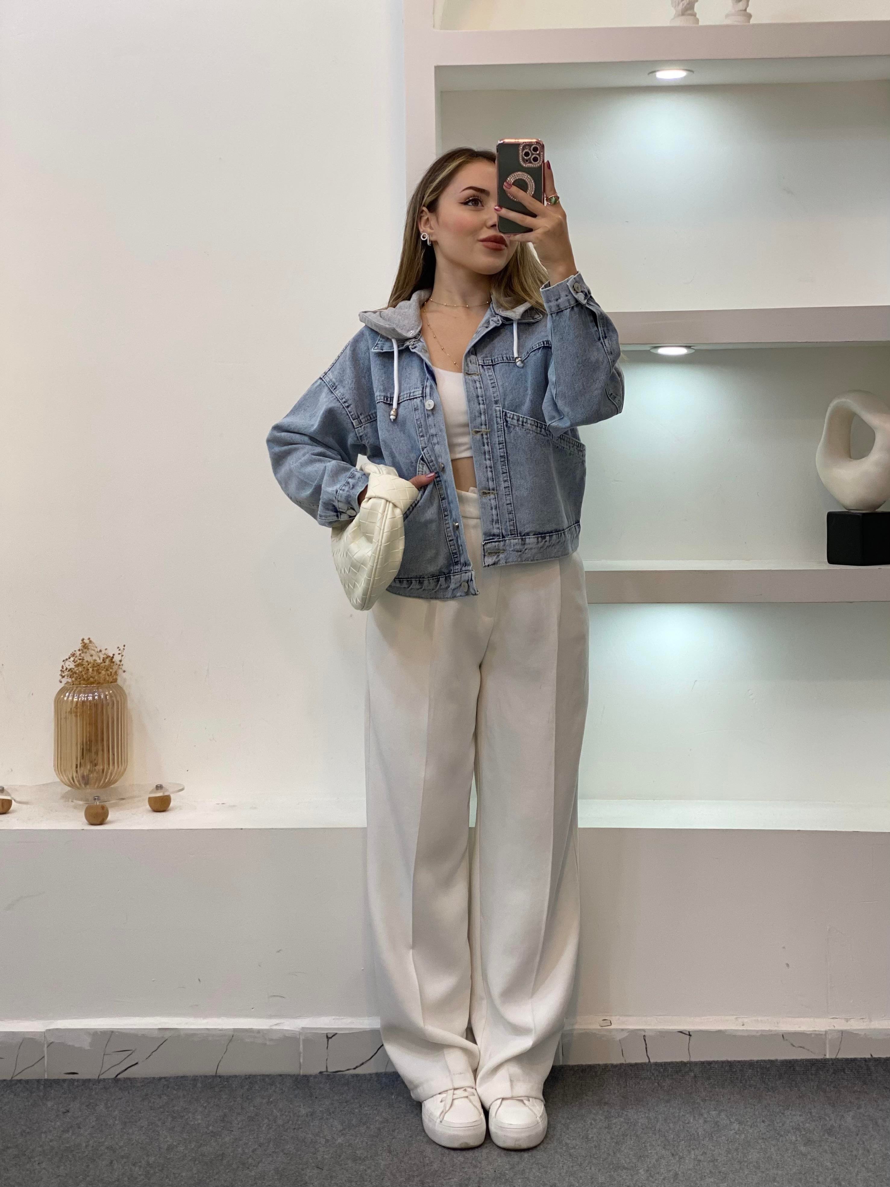 Mavi Kapşonlu Spor Kot Ceket
