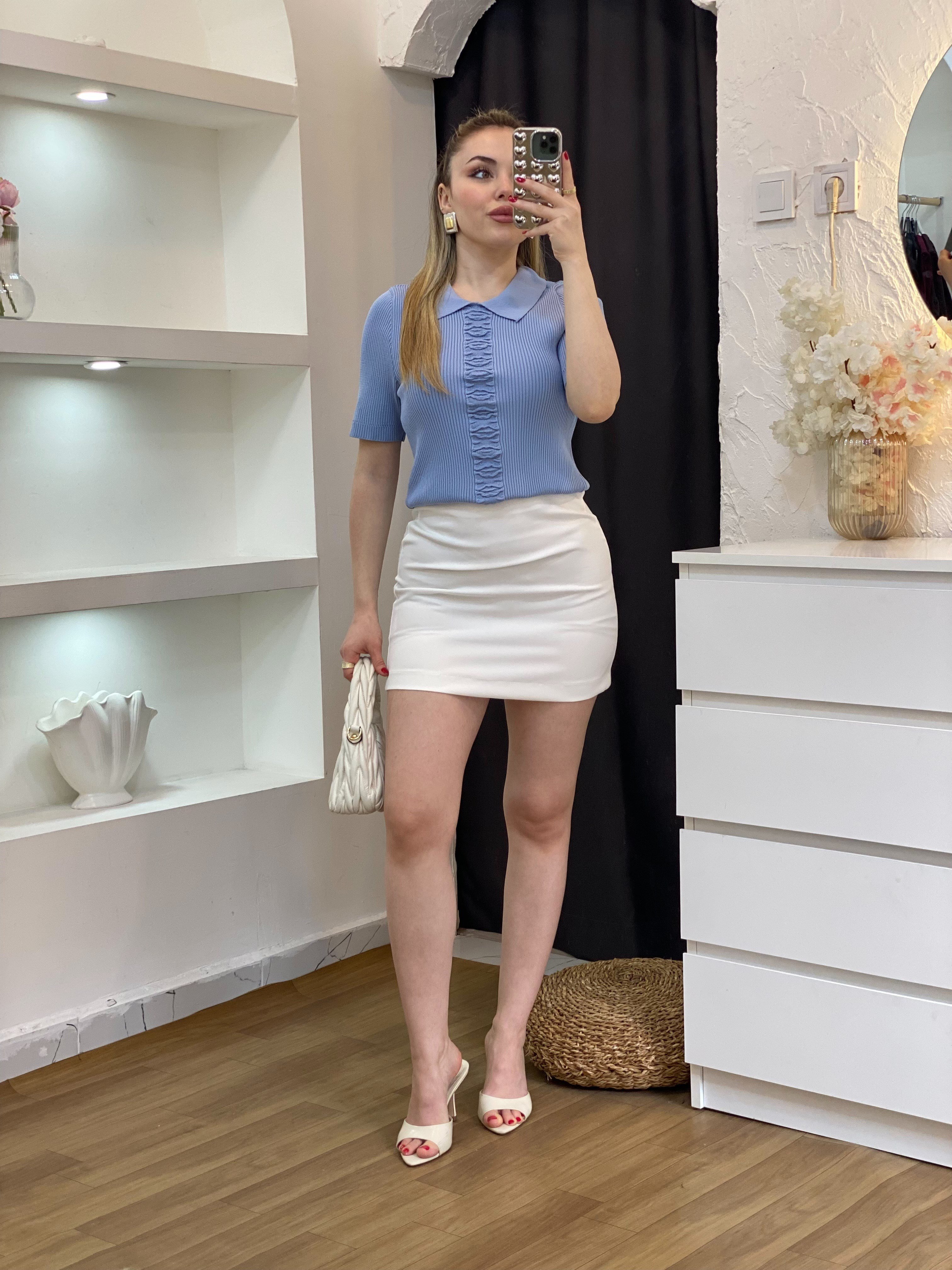 Mavi Önü Desenli Elit Triko Bluz