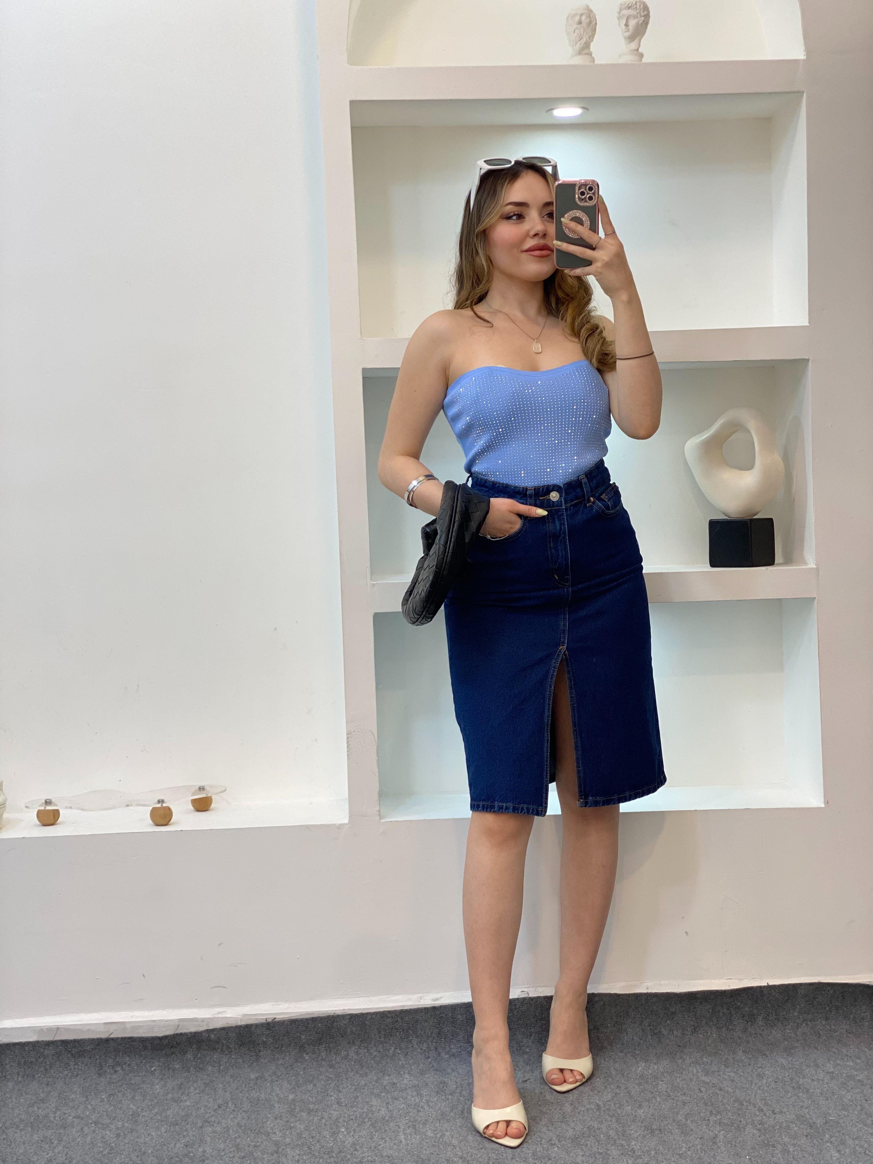 Mavi Parıltılı Taşlı Straplez Triko Bluz