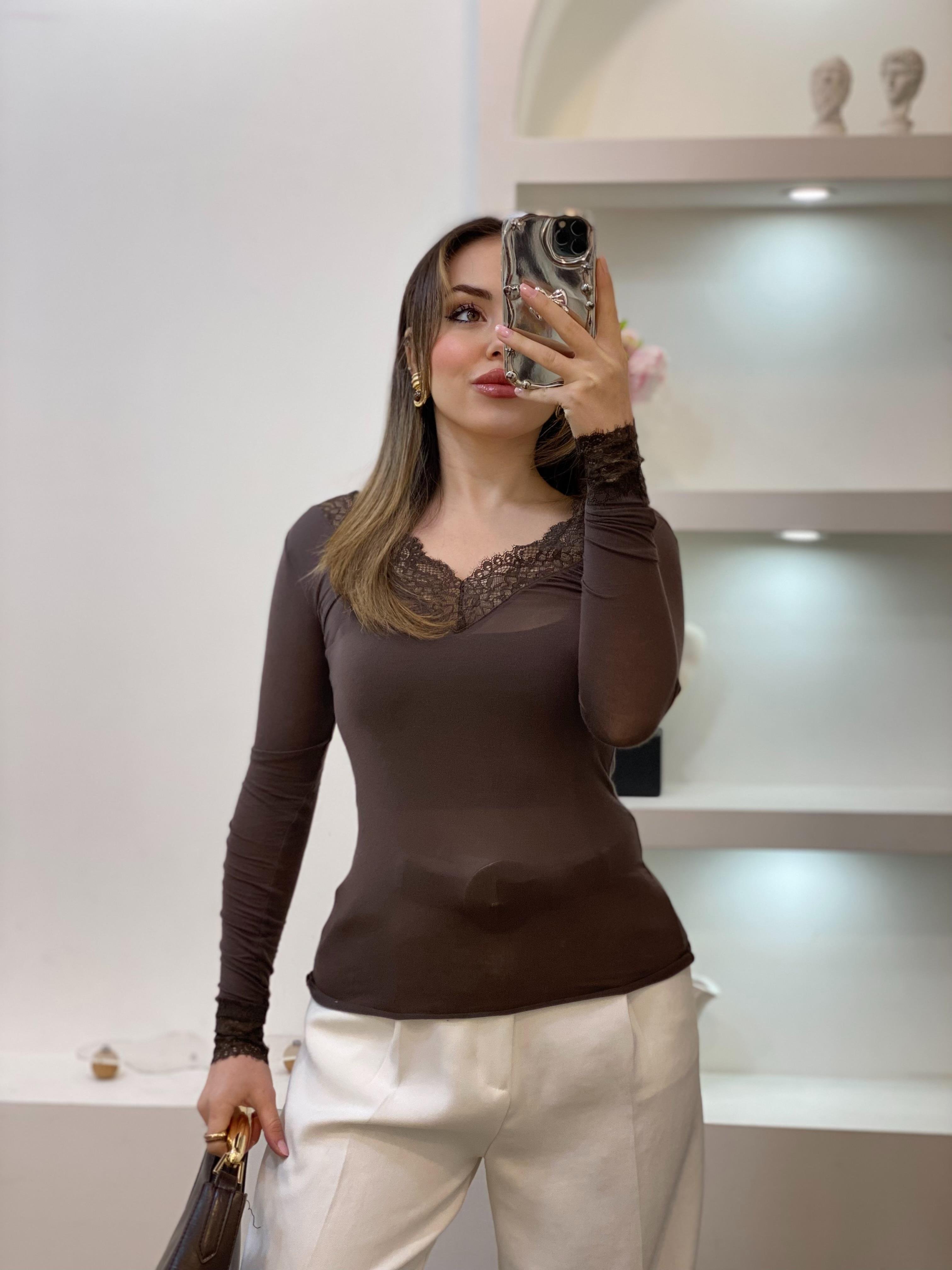 Orj Marka İnti. Kahve Kaşmir Dokulu Dantel Yaka Bluz 