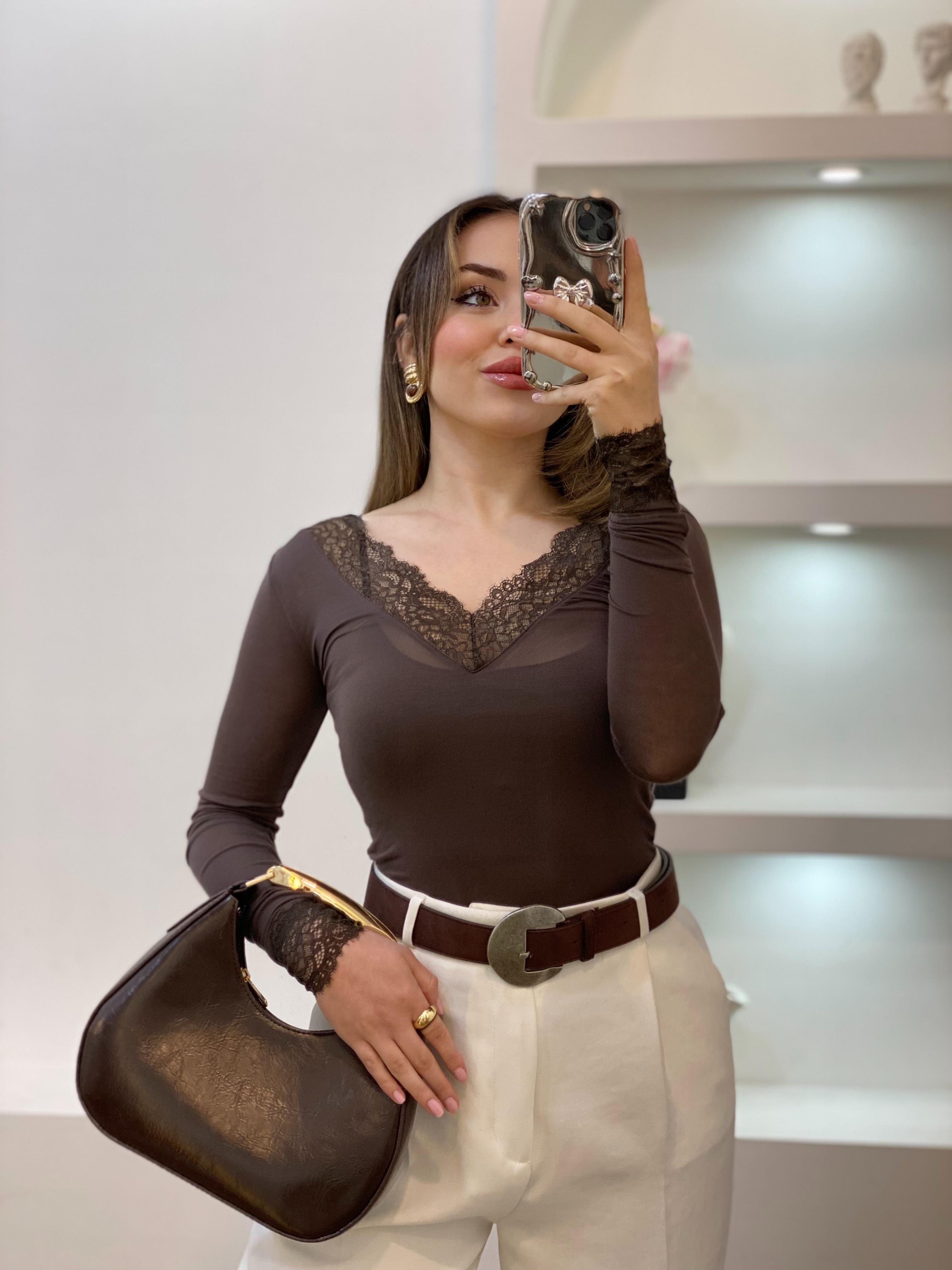 Orj Marka İnti. Kahve Kaşmir Dokulu Dantel Yaka Bluz 