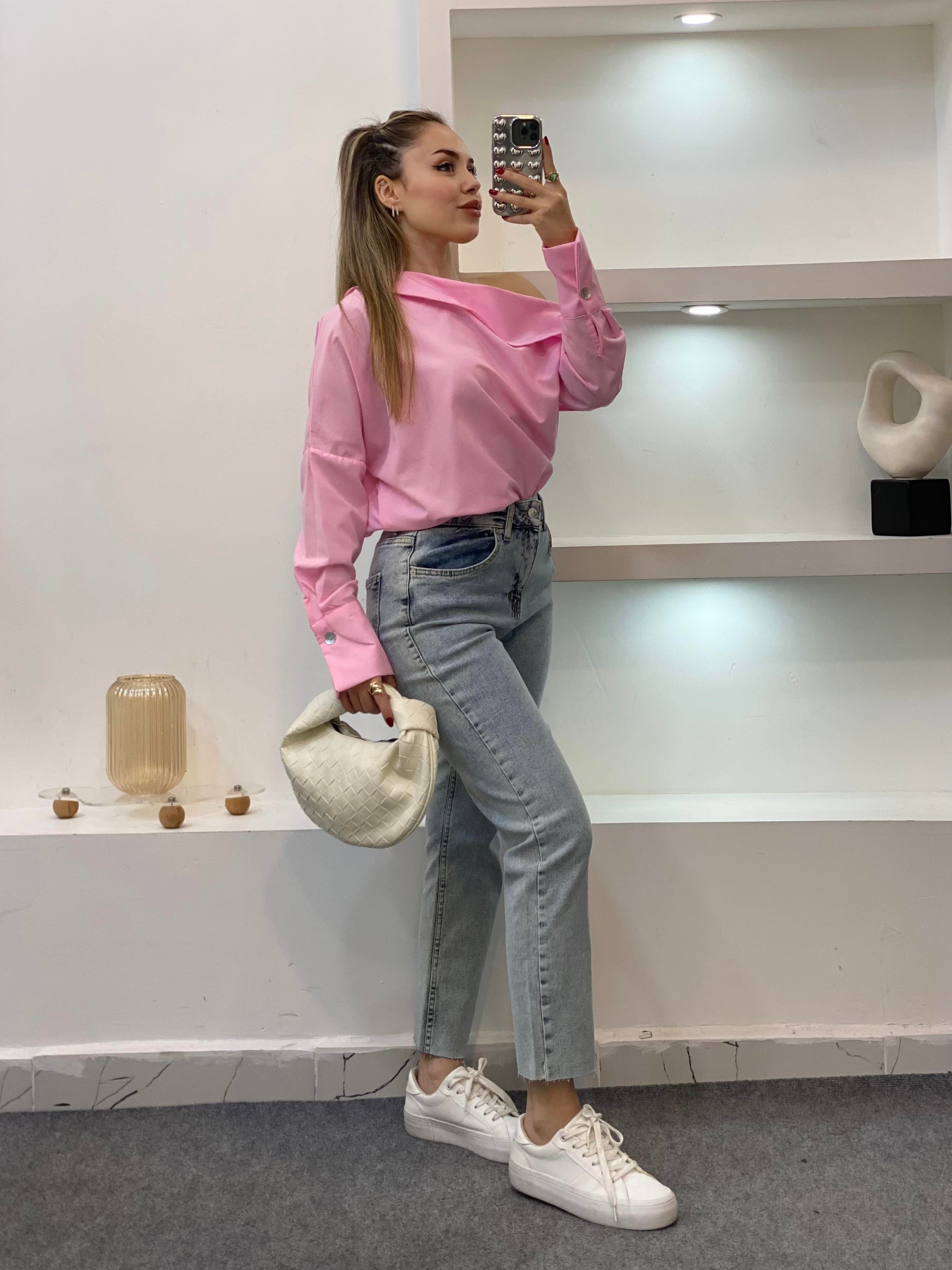 Pembe Asimetrik Yaka Gömlek 