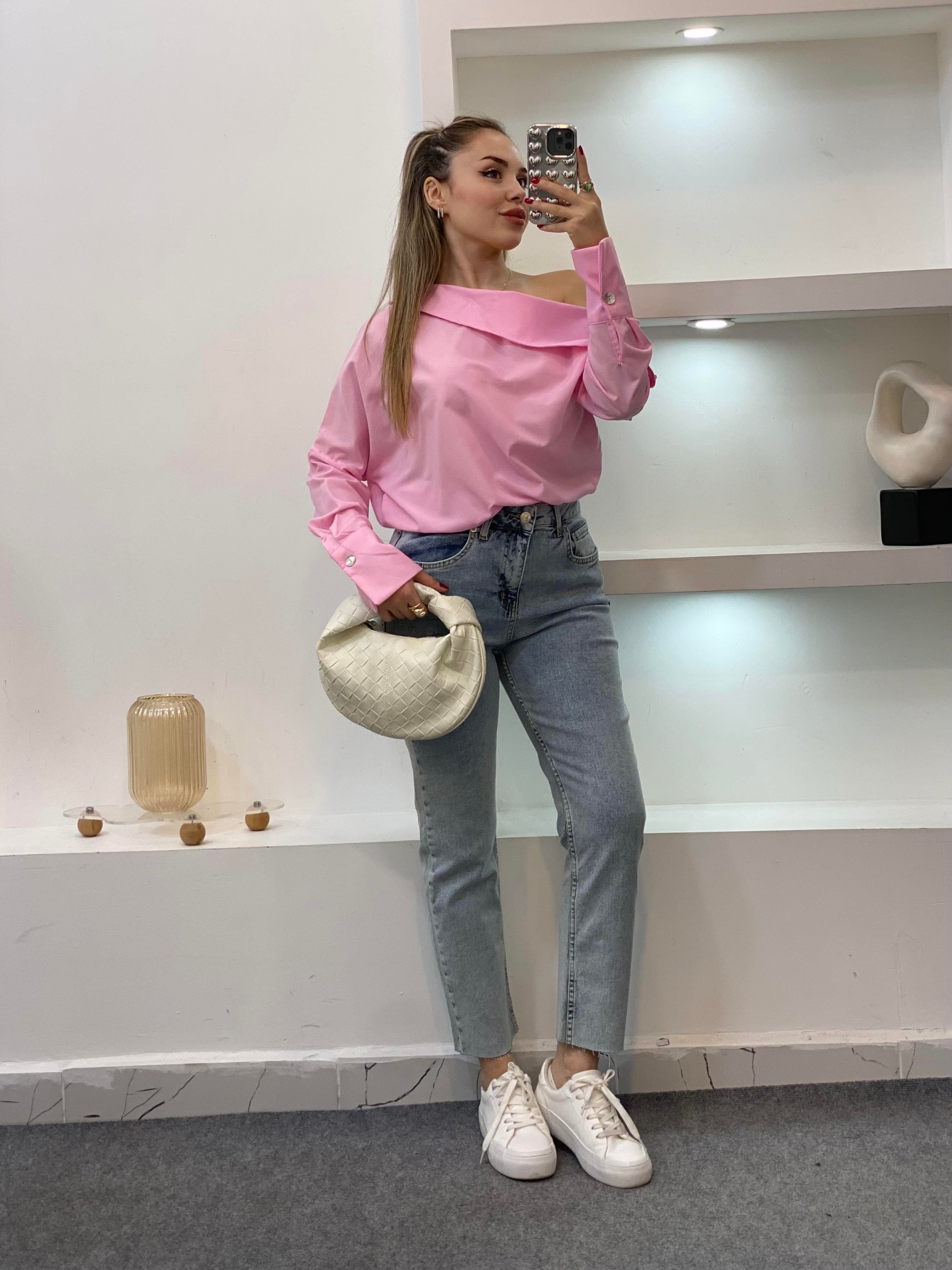 Pembe Asimetrik Yaka Gömlek 