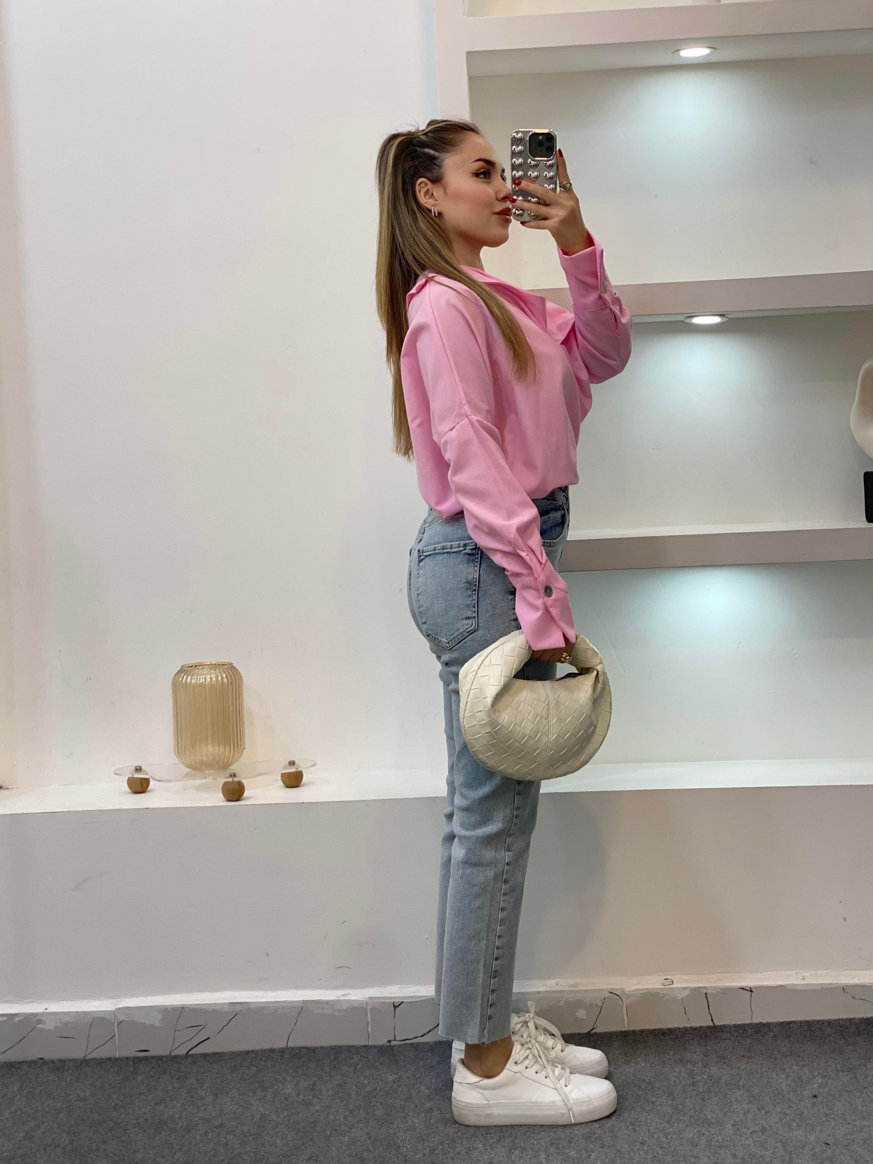 Pembe Asimetrik Yaka Gömlek 