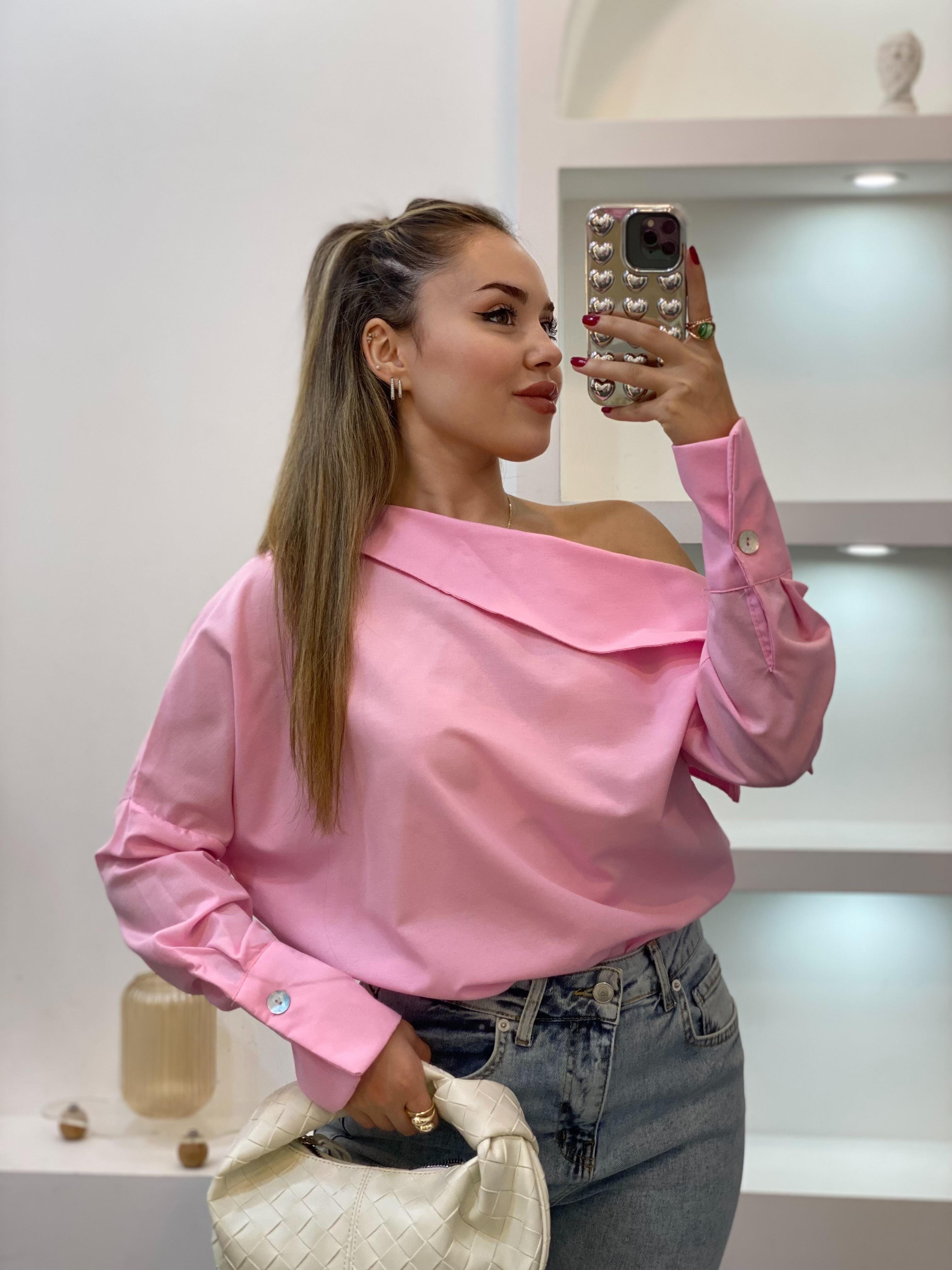 Pembe Asimetrik Yaka Gömlek 
