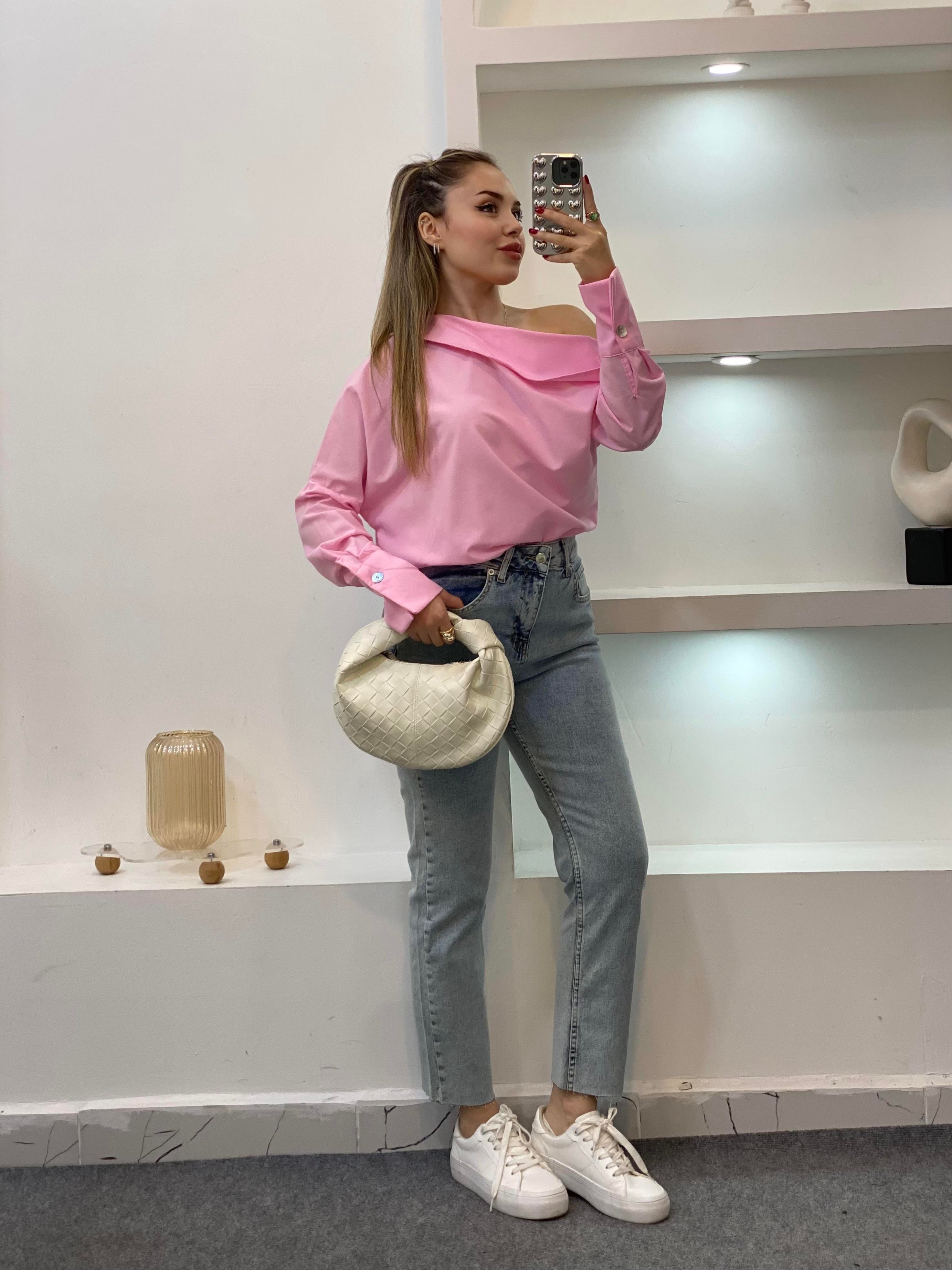 Pembe Asimetrik Yaka Gömlek 