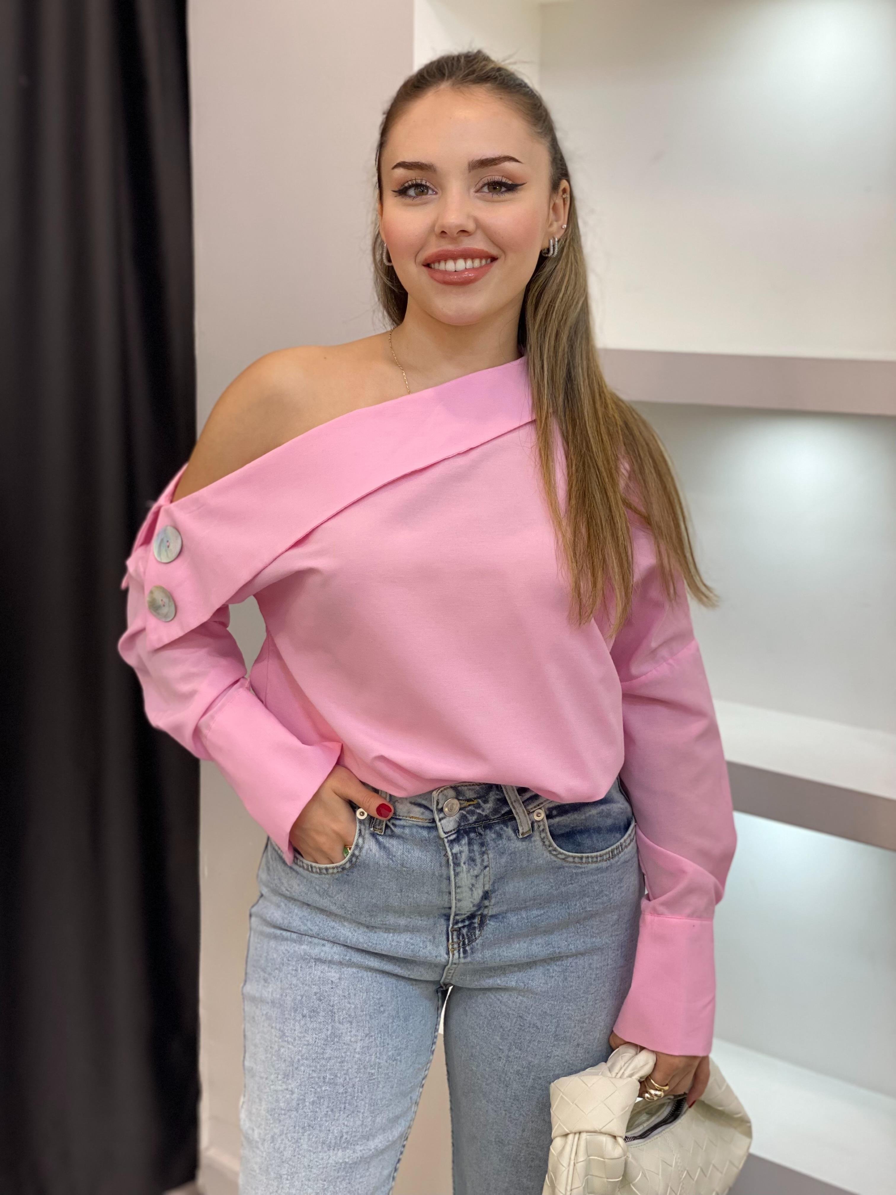 Pembe Asimetrik Yaka Gömlek 