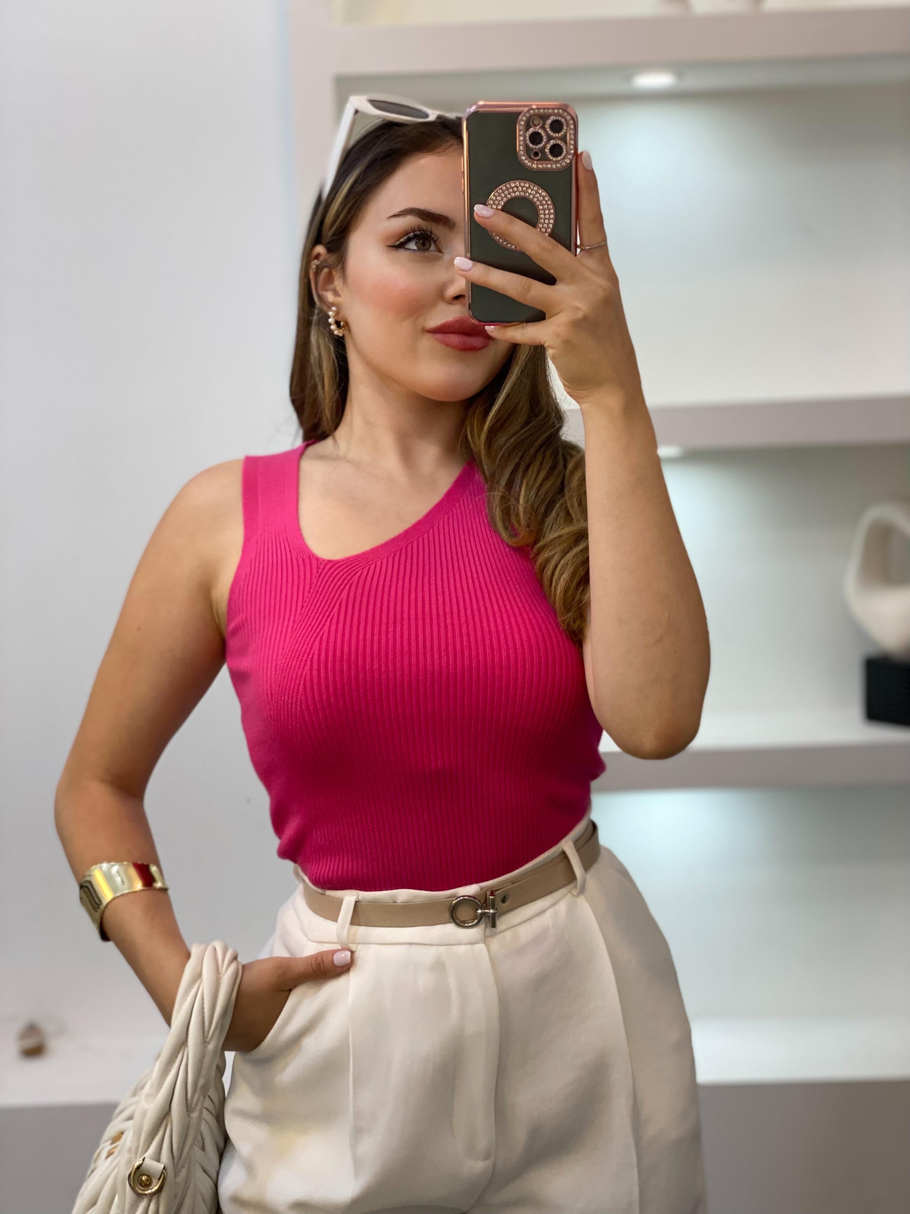 Pembe Asimetrik Yaka Triko Bluz
