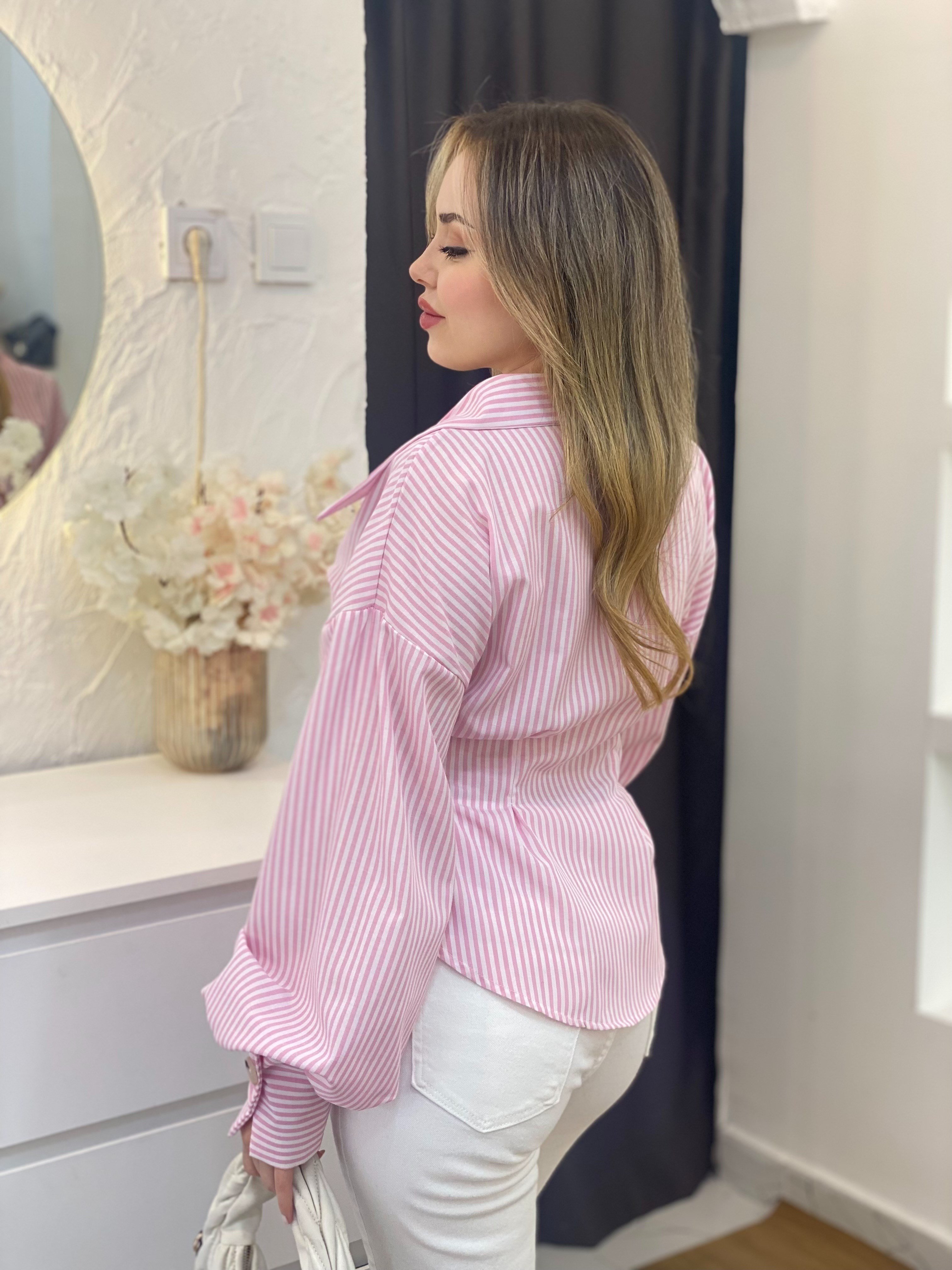 Pembe Çizgili Piliseli Model Gömlek 