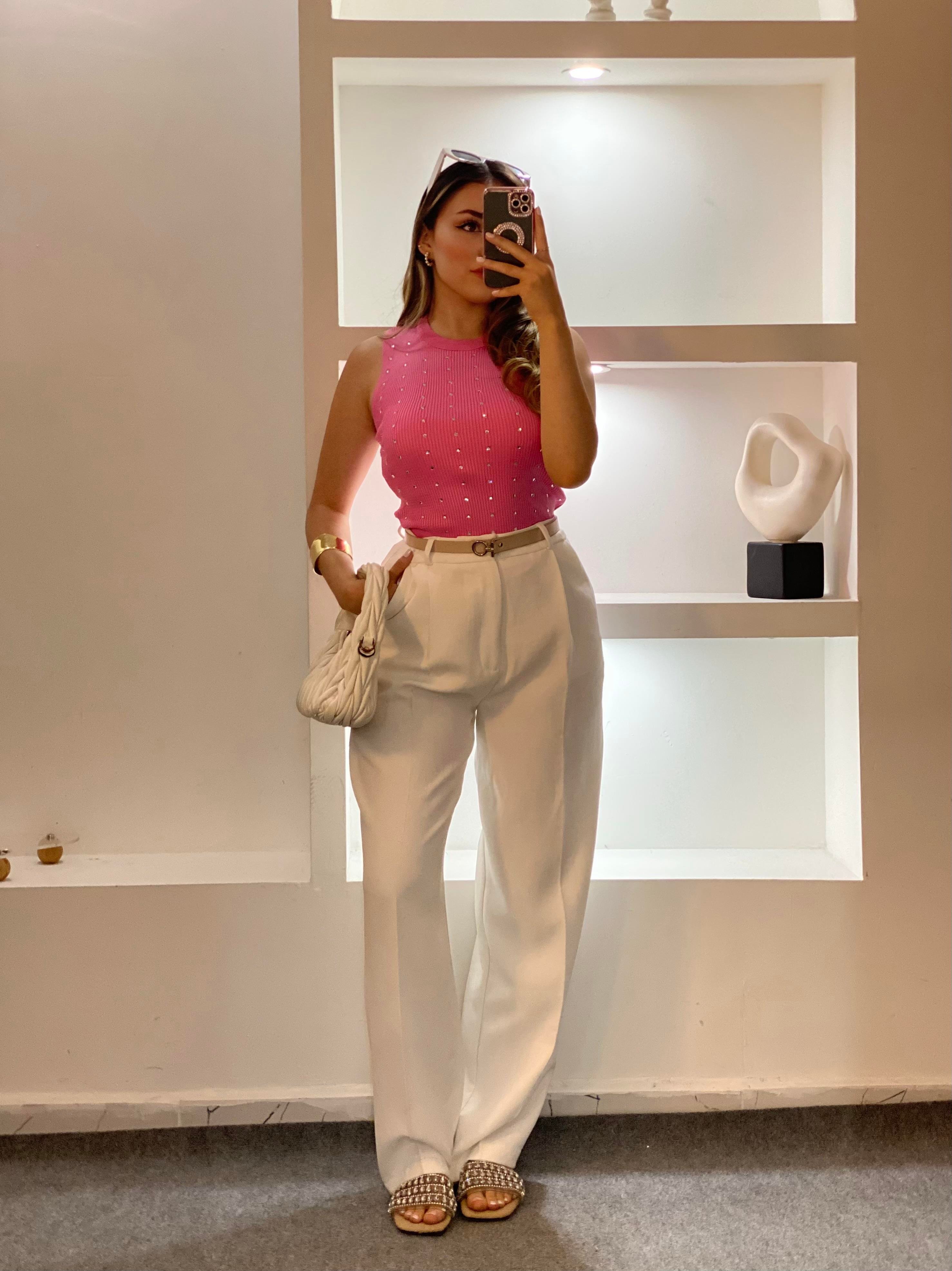 Pembe Damla Taşlı Triko Bluz