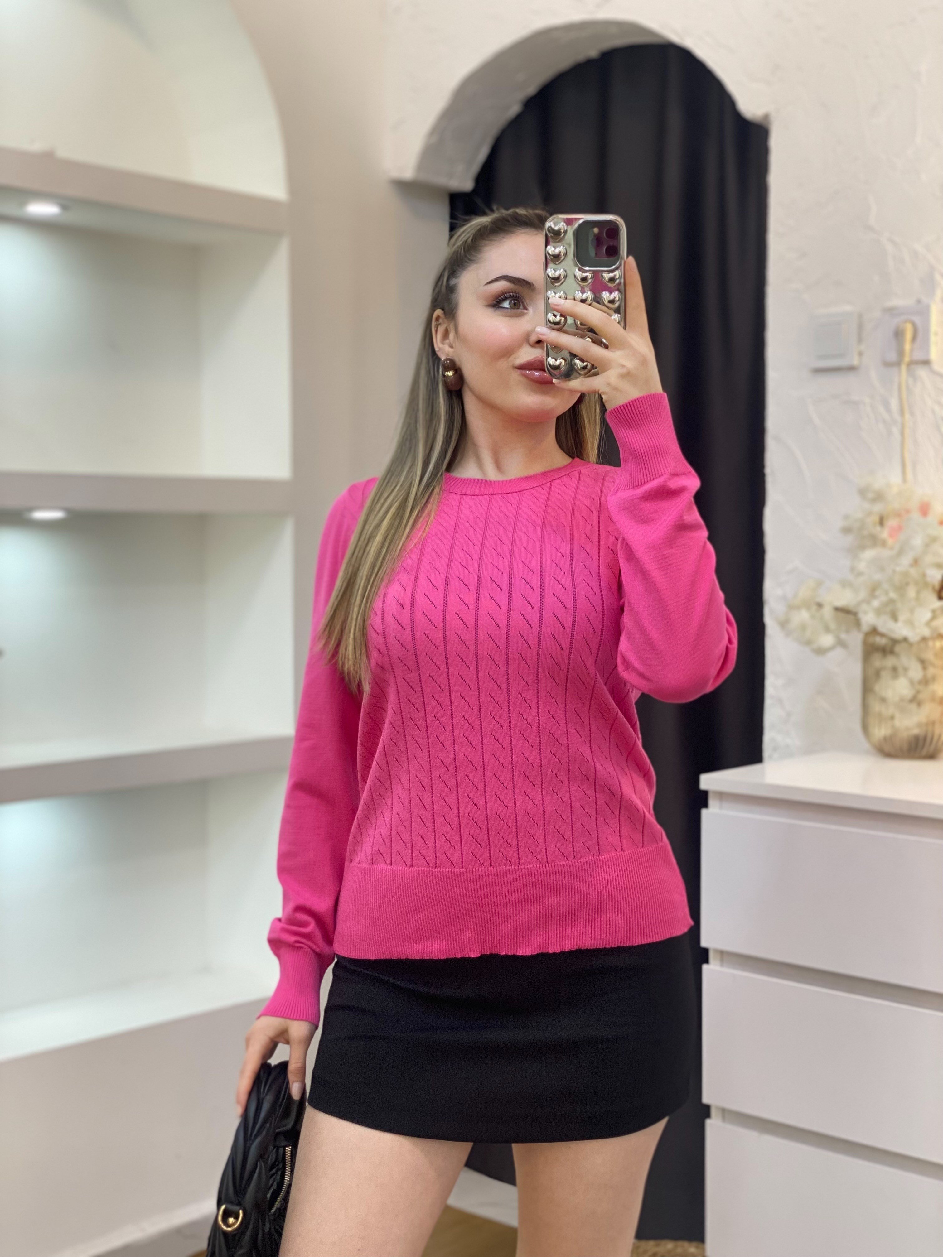 Pembe Desenli Triko Bluz