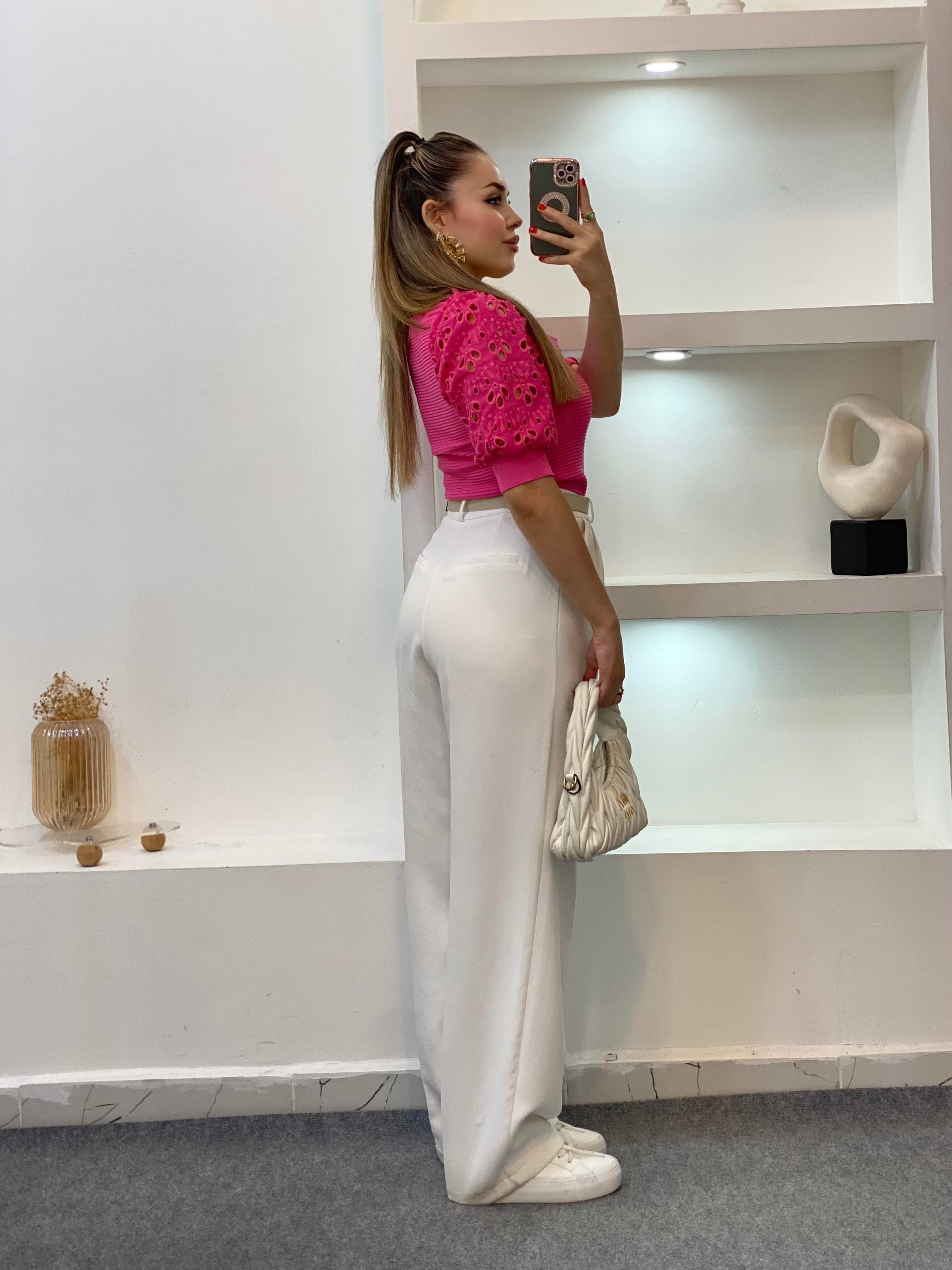 Pembe Fisto Kollu Triko Bluz