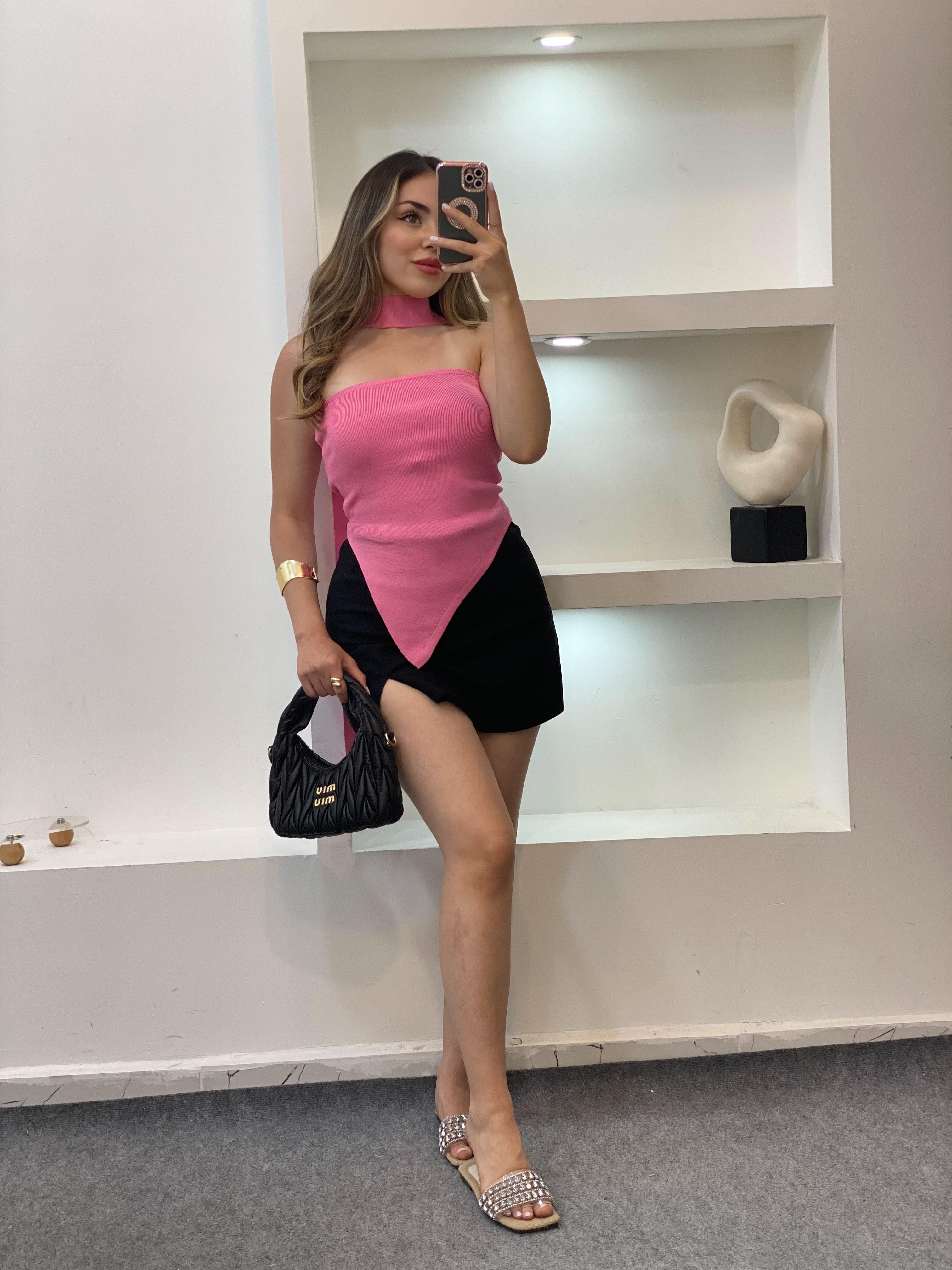 Pembe Fularlı Triko Bluz