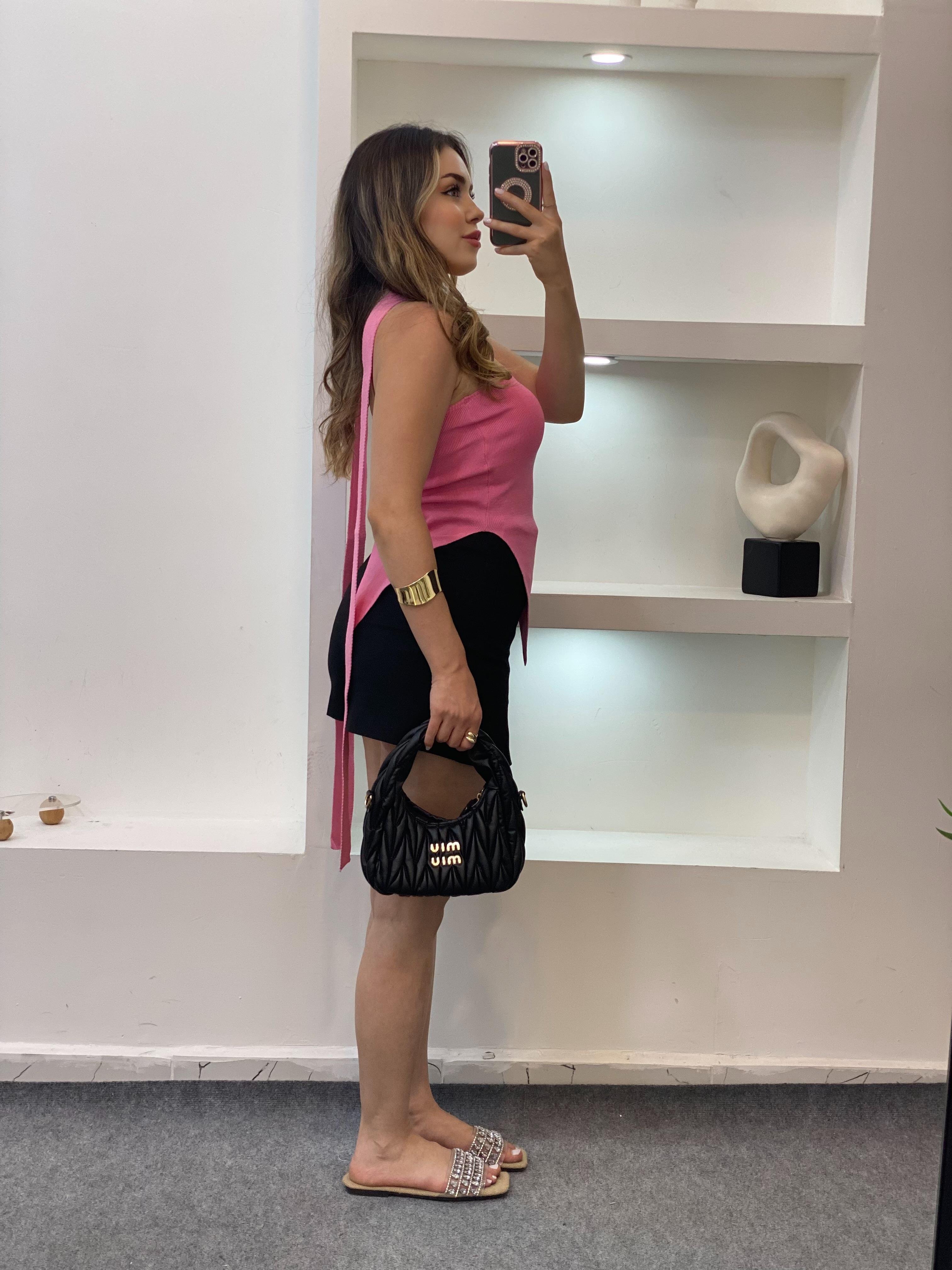Pembe Fularlı Triko Bluz