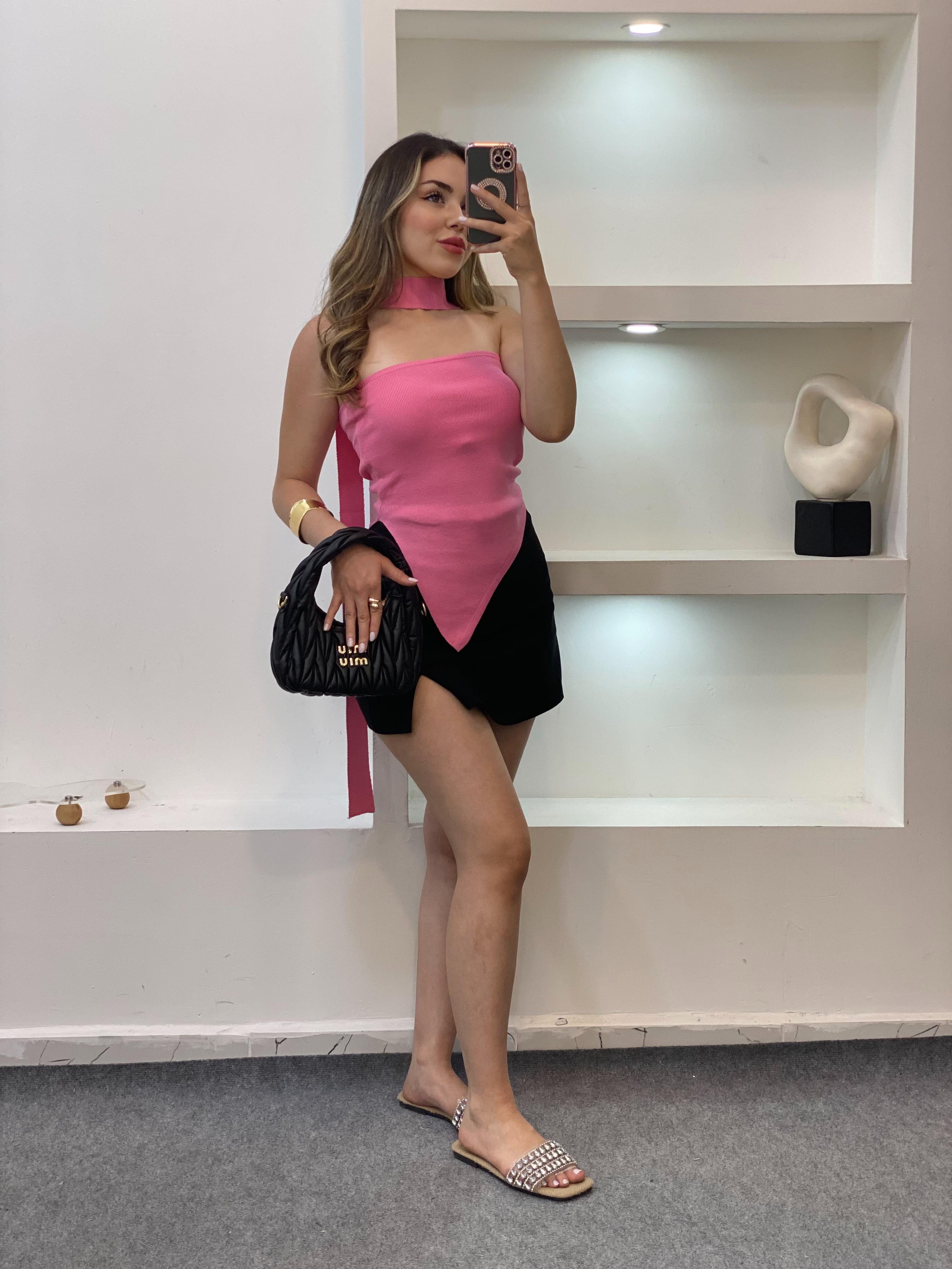 Pembe Fularlı Triko Bluz