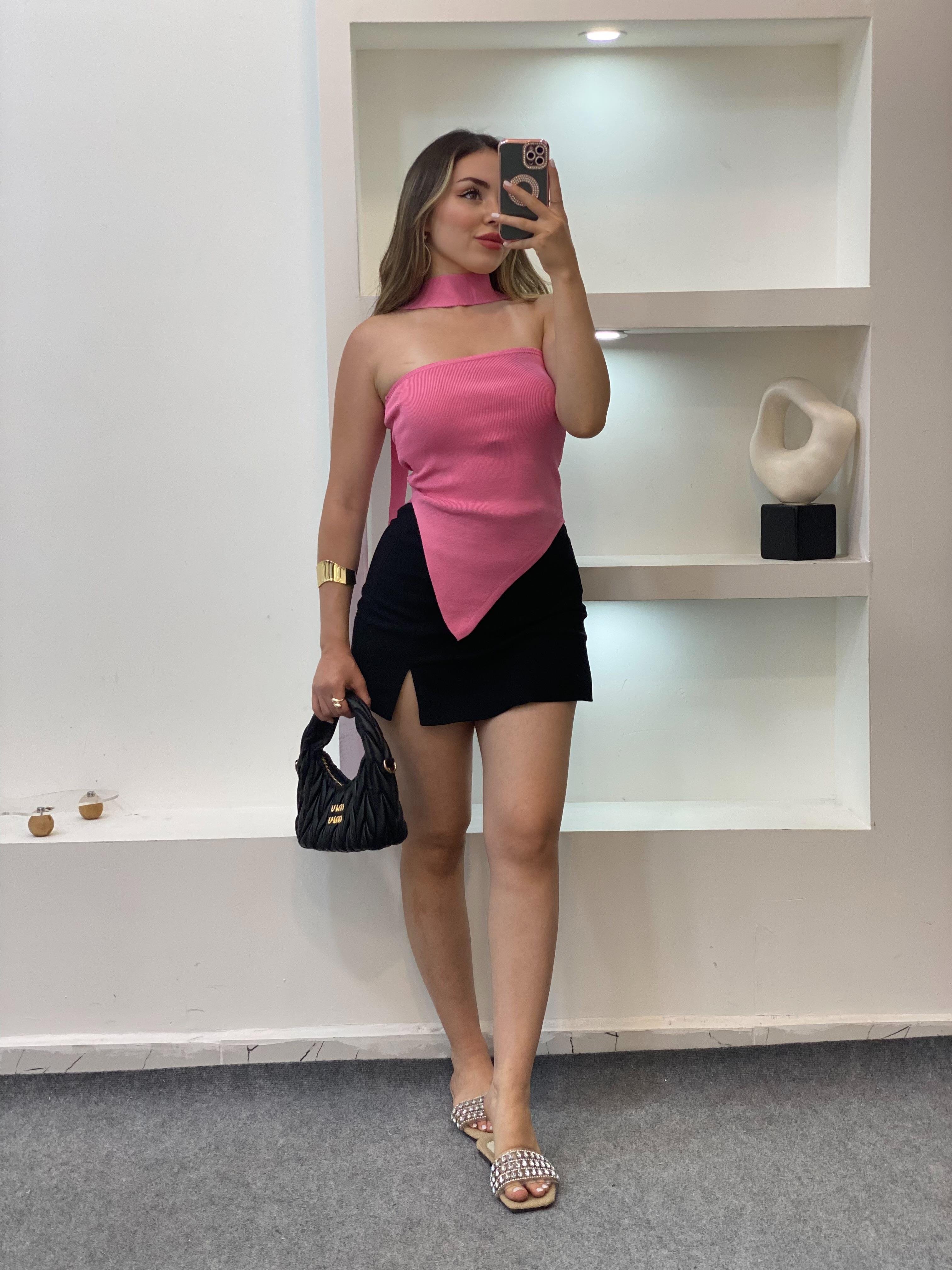 Pembe Fularlı Triko Bluz