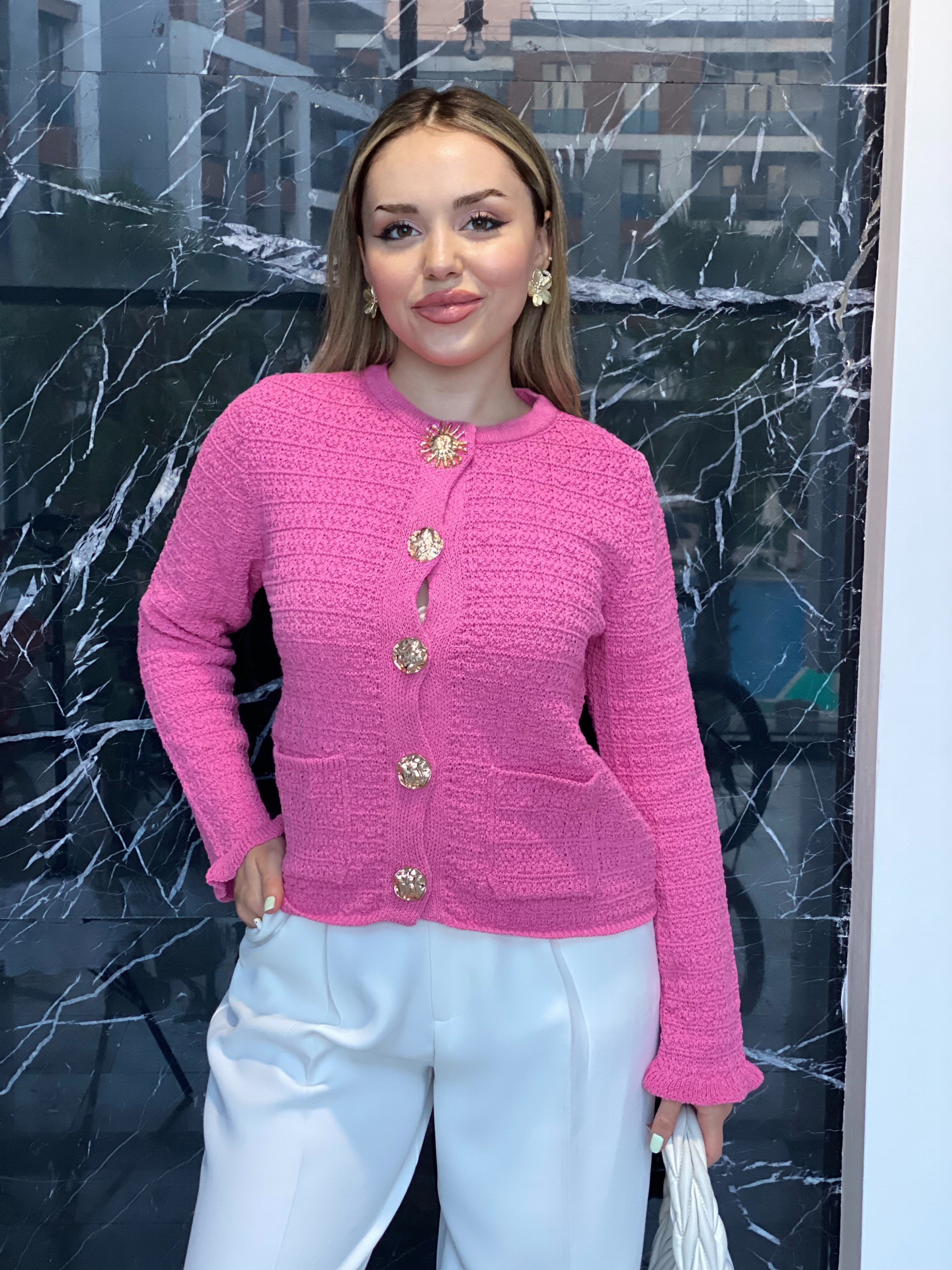 Pembe Güneş Aksesuarlı Triko Hırka 