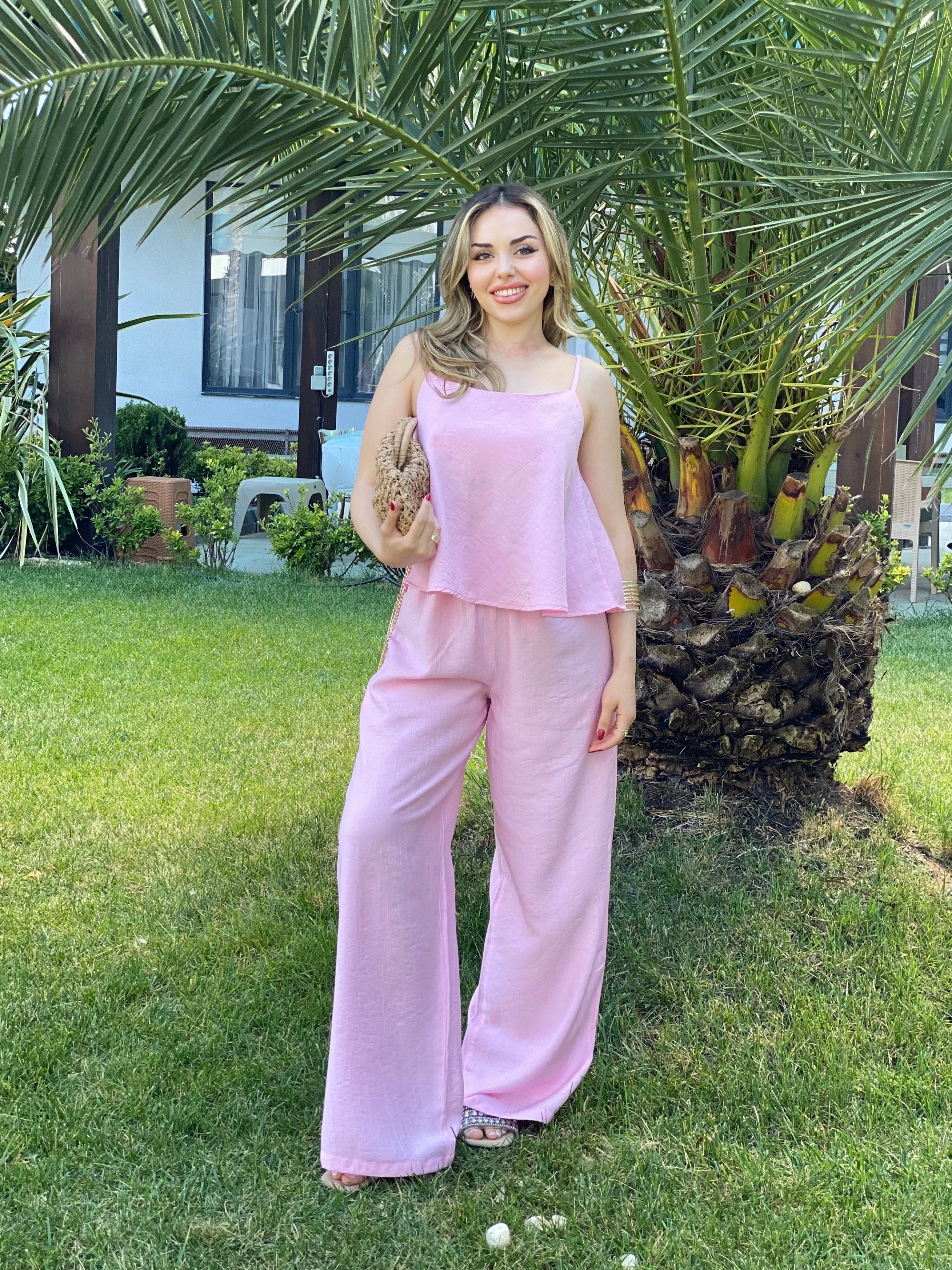 Pembe İp Askılı Alt Beli Lastikli Tensel Takım