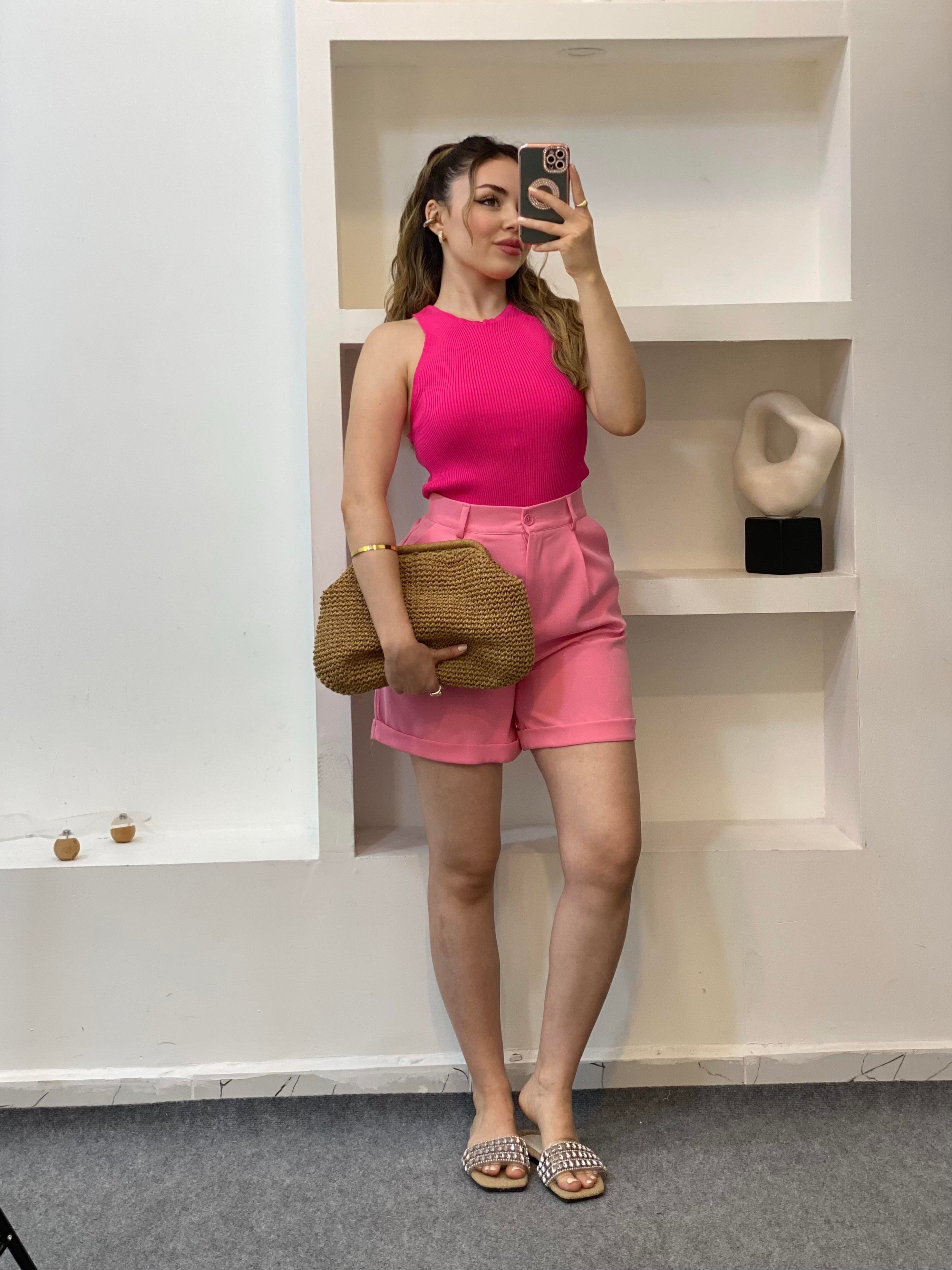 Pembe Kolsuz Basic Triko Bluz