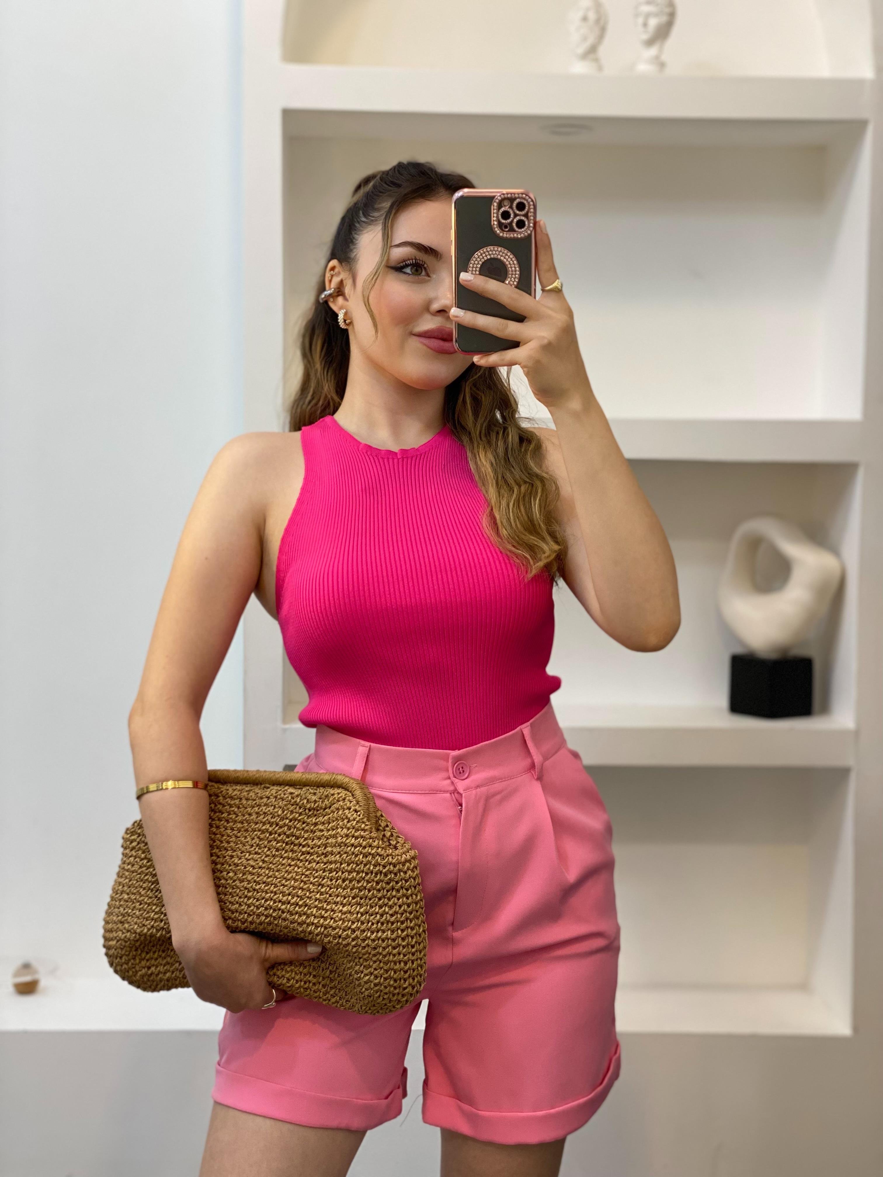 Pembe Kolsuz Basic Triko Bluz