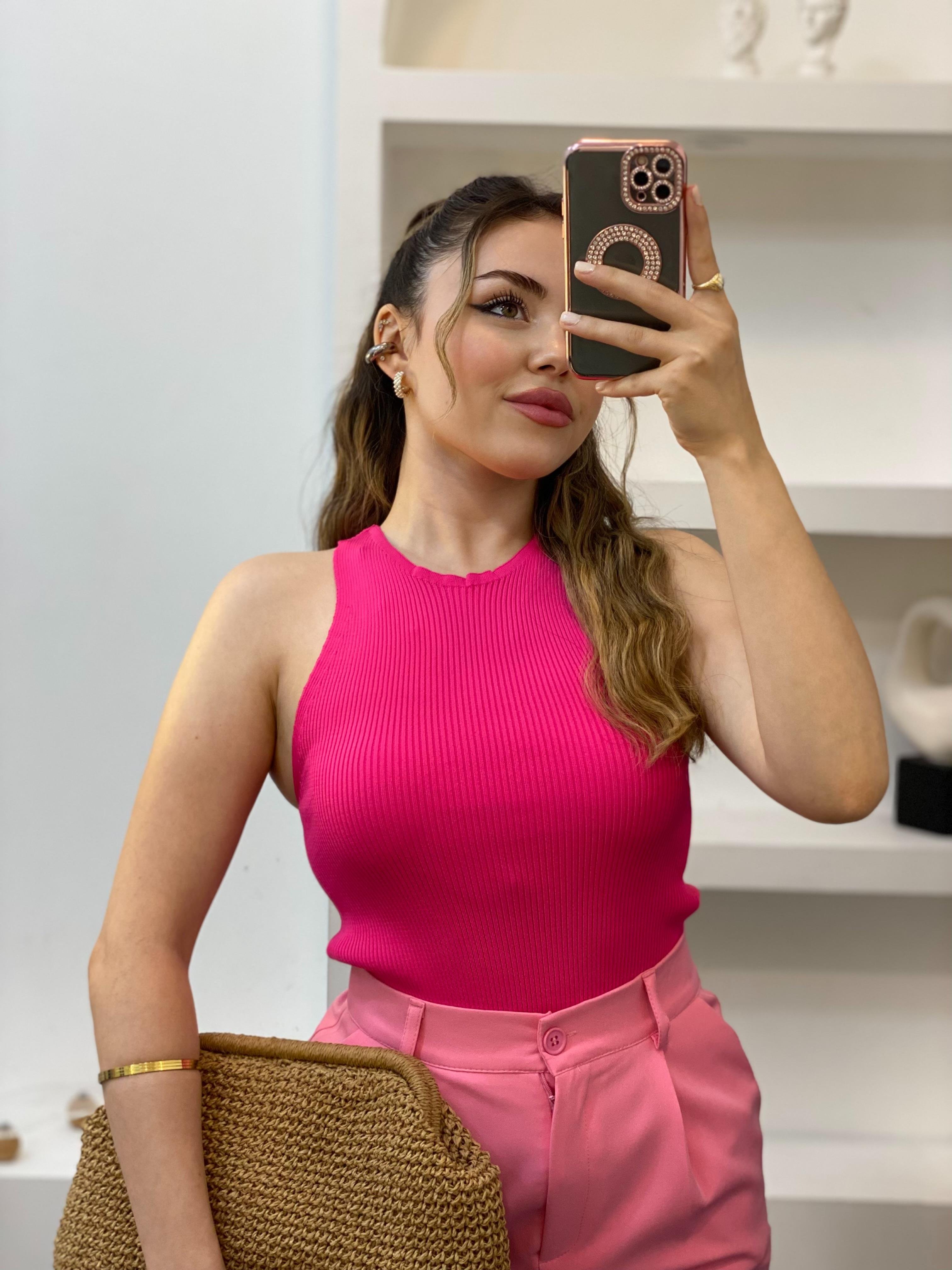 Pembe Kolsuz Basic Triko Bluz