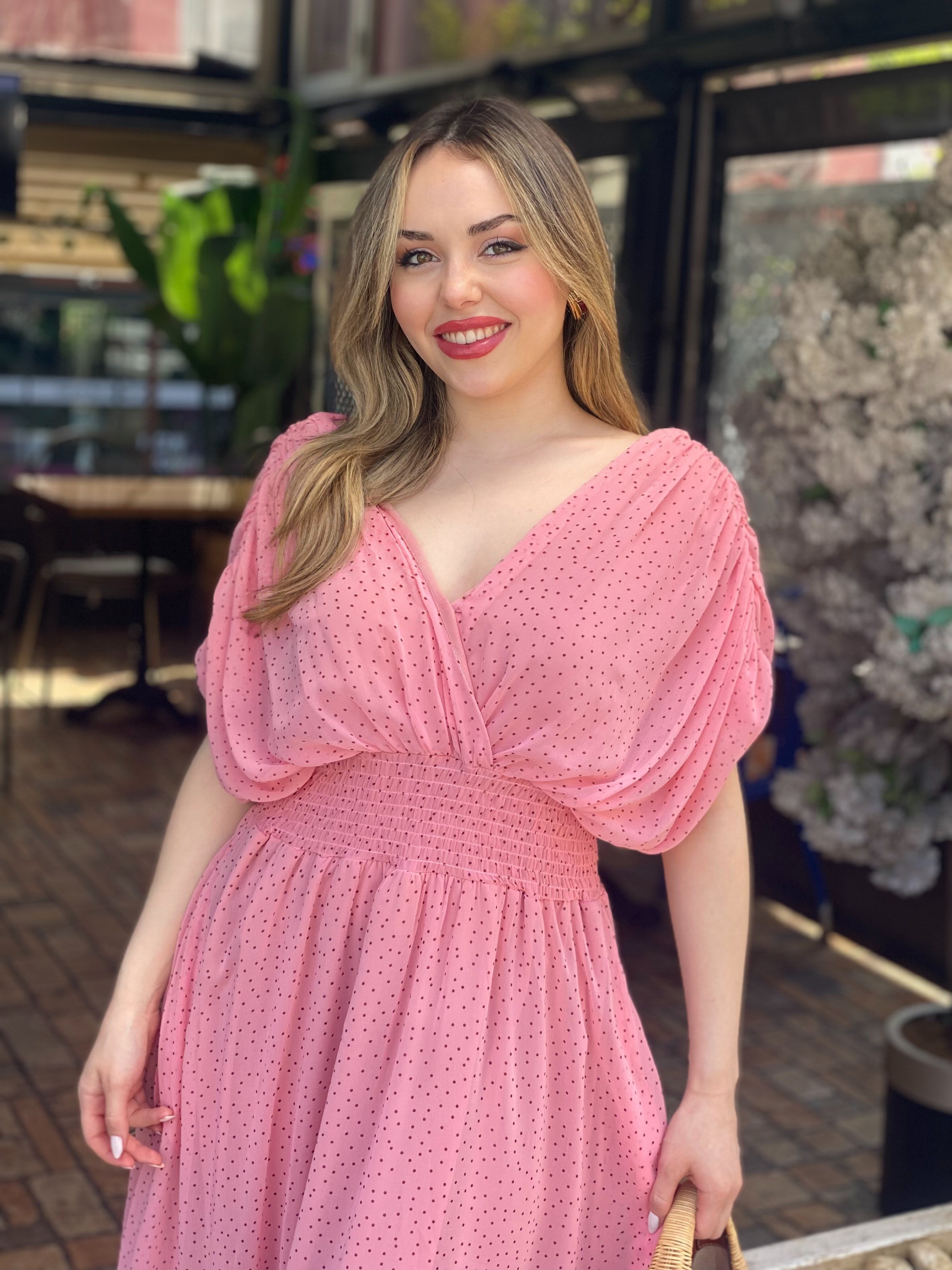 Pembe Mini Puantiye Desenli Şifon Elbise