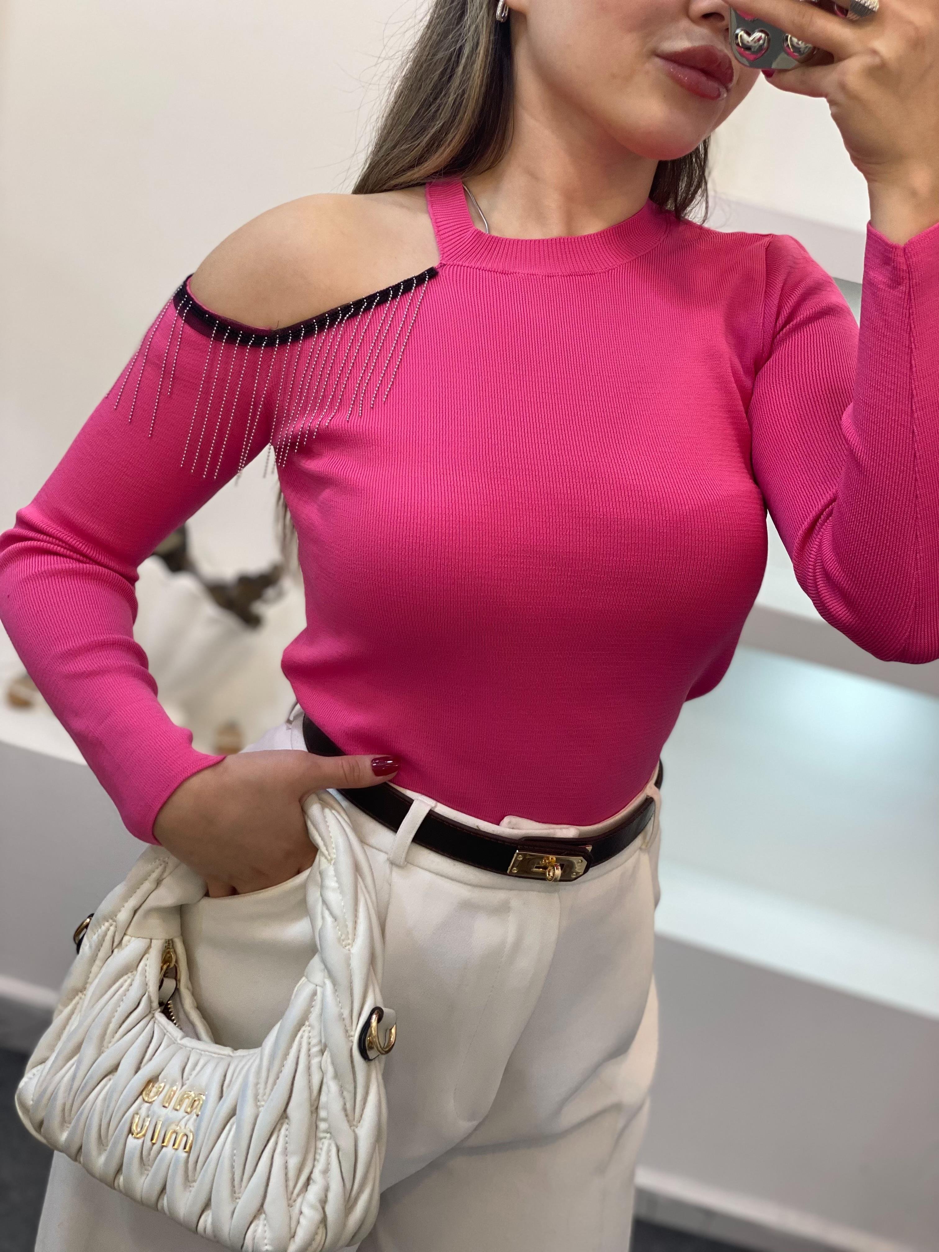 Pembe Omuzları Zincir Detay Pencereli Model Triko Bluz