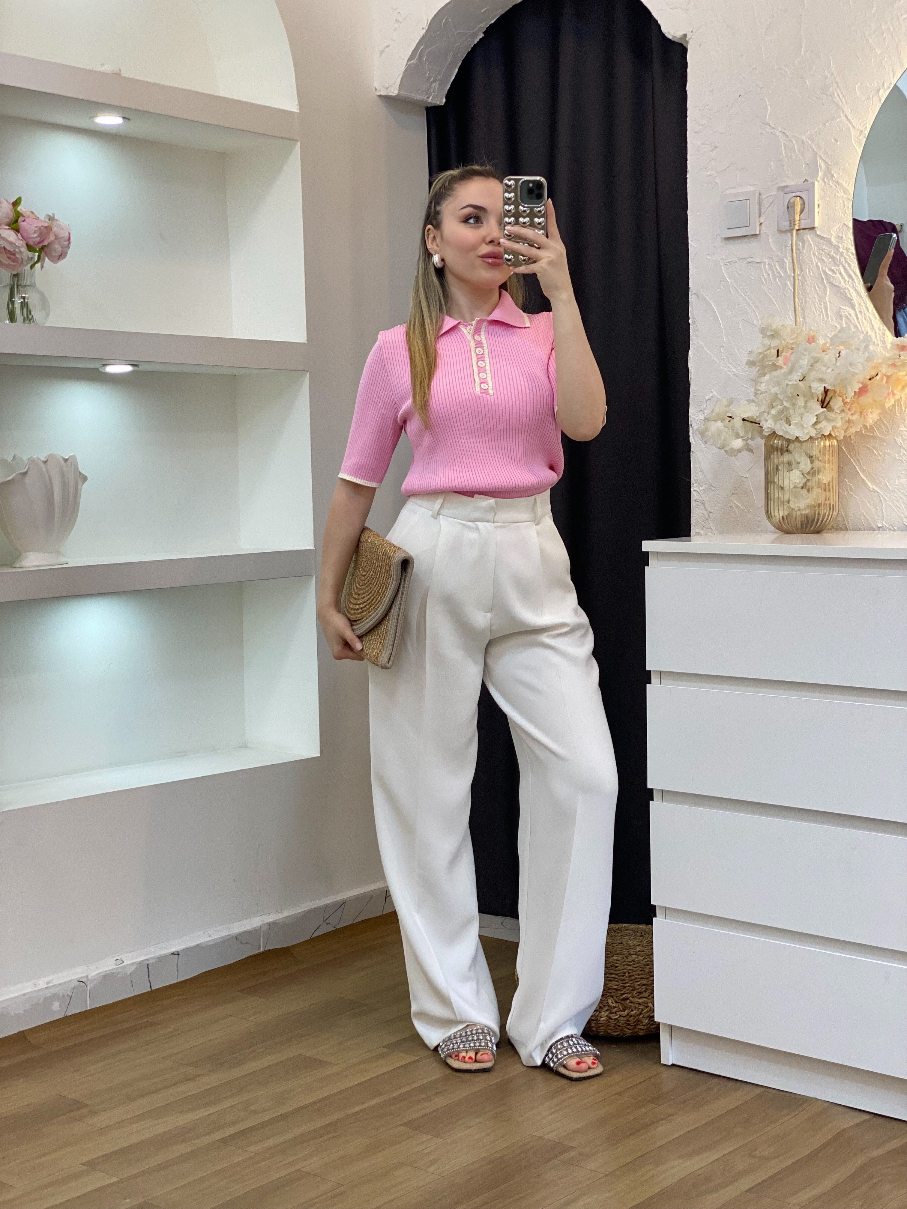 Pembe Polo Yaka Elit Triko Bluz