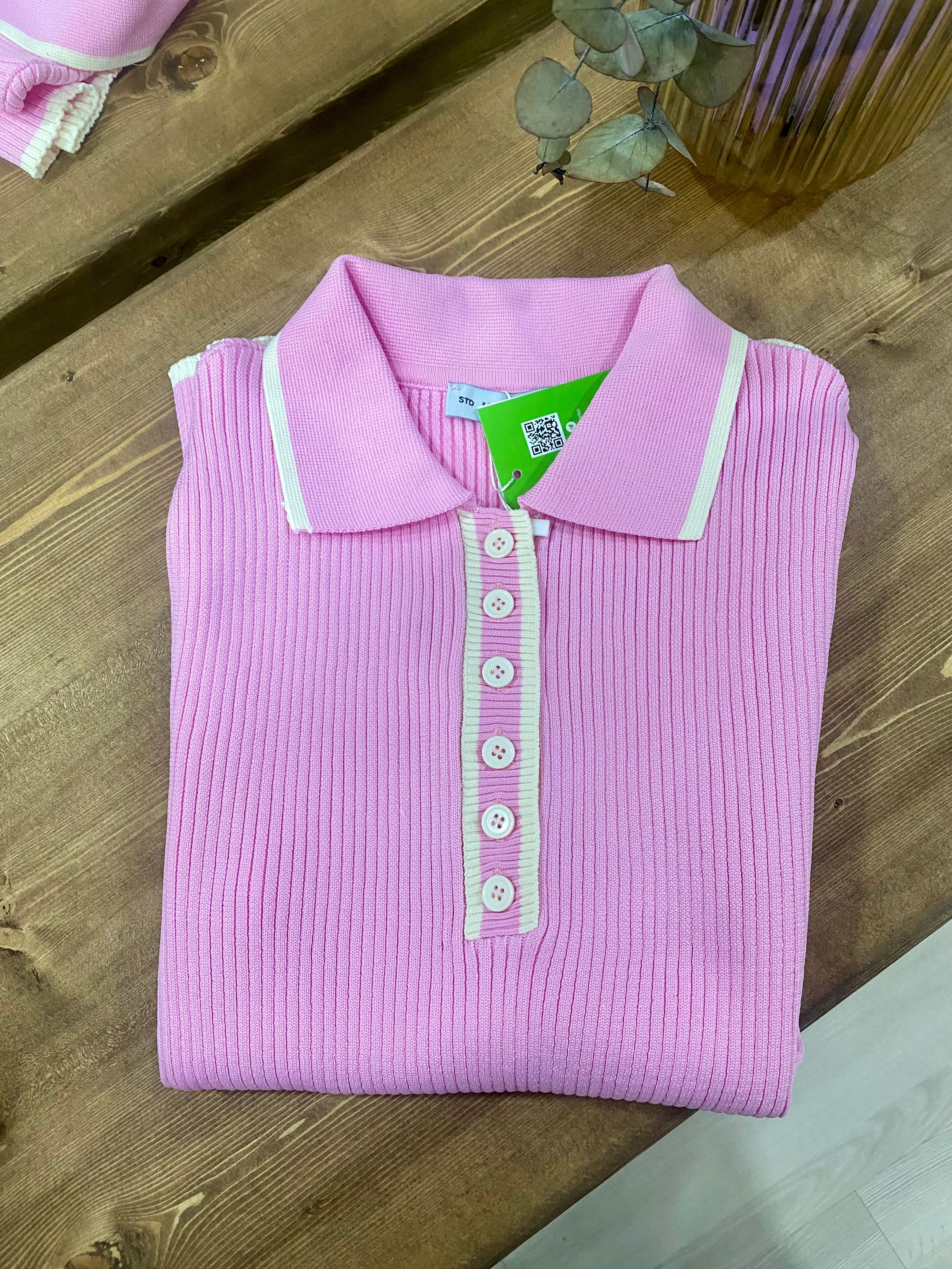 Pembe Polo Yaka Elit Triko Bluz