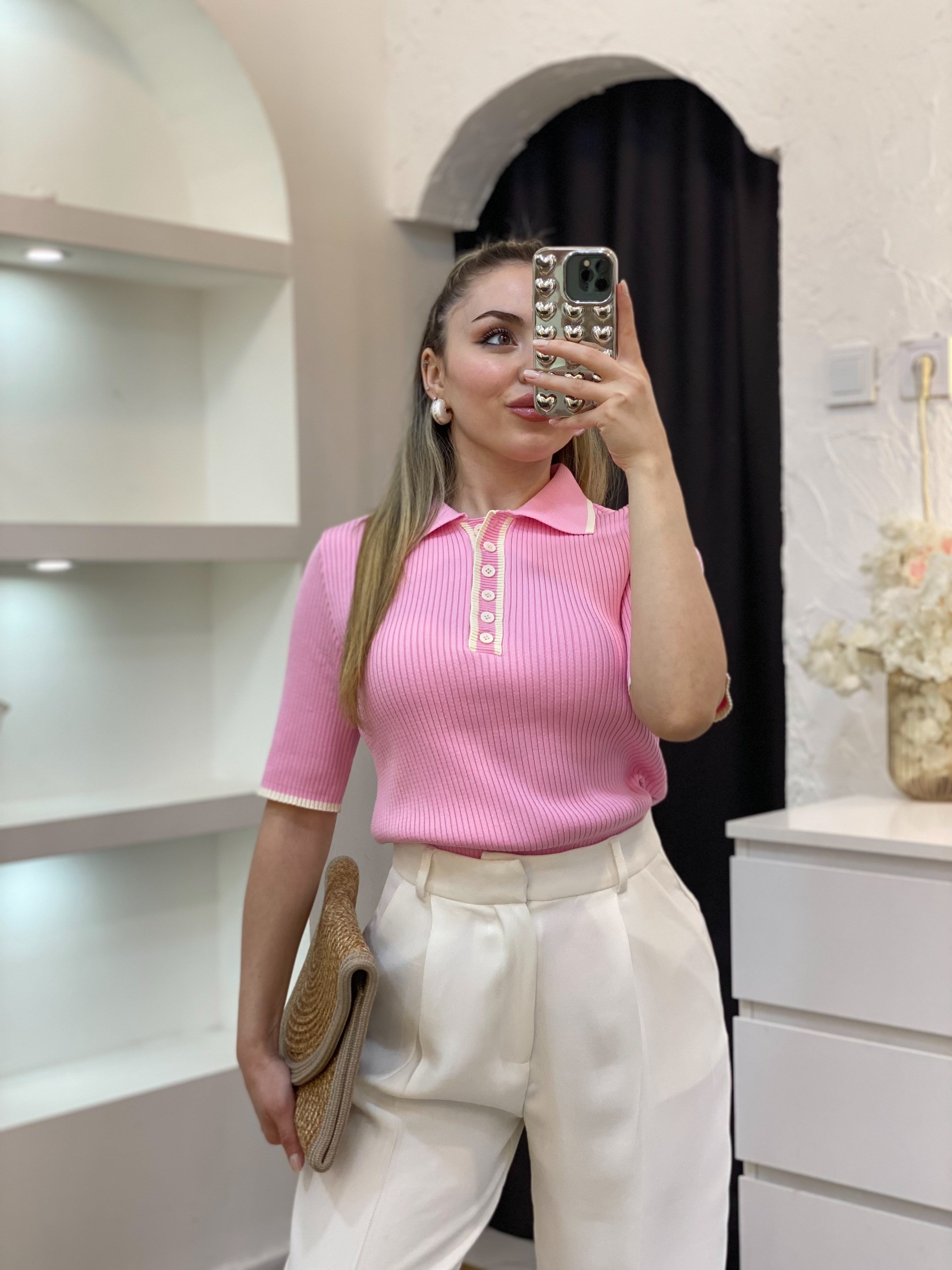 Pembe Polo Yaka Elit Triko Bluz