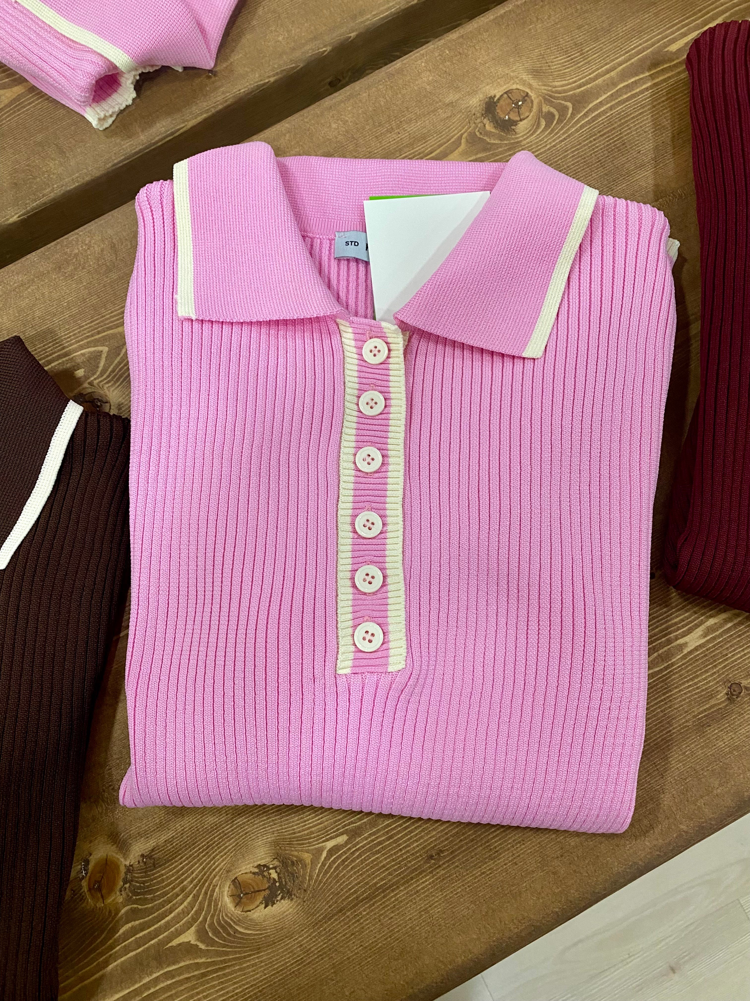 Pembe Polo Yaka Elit Triko Bluz