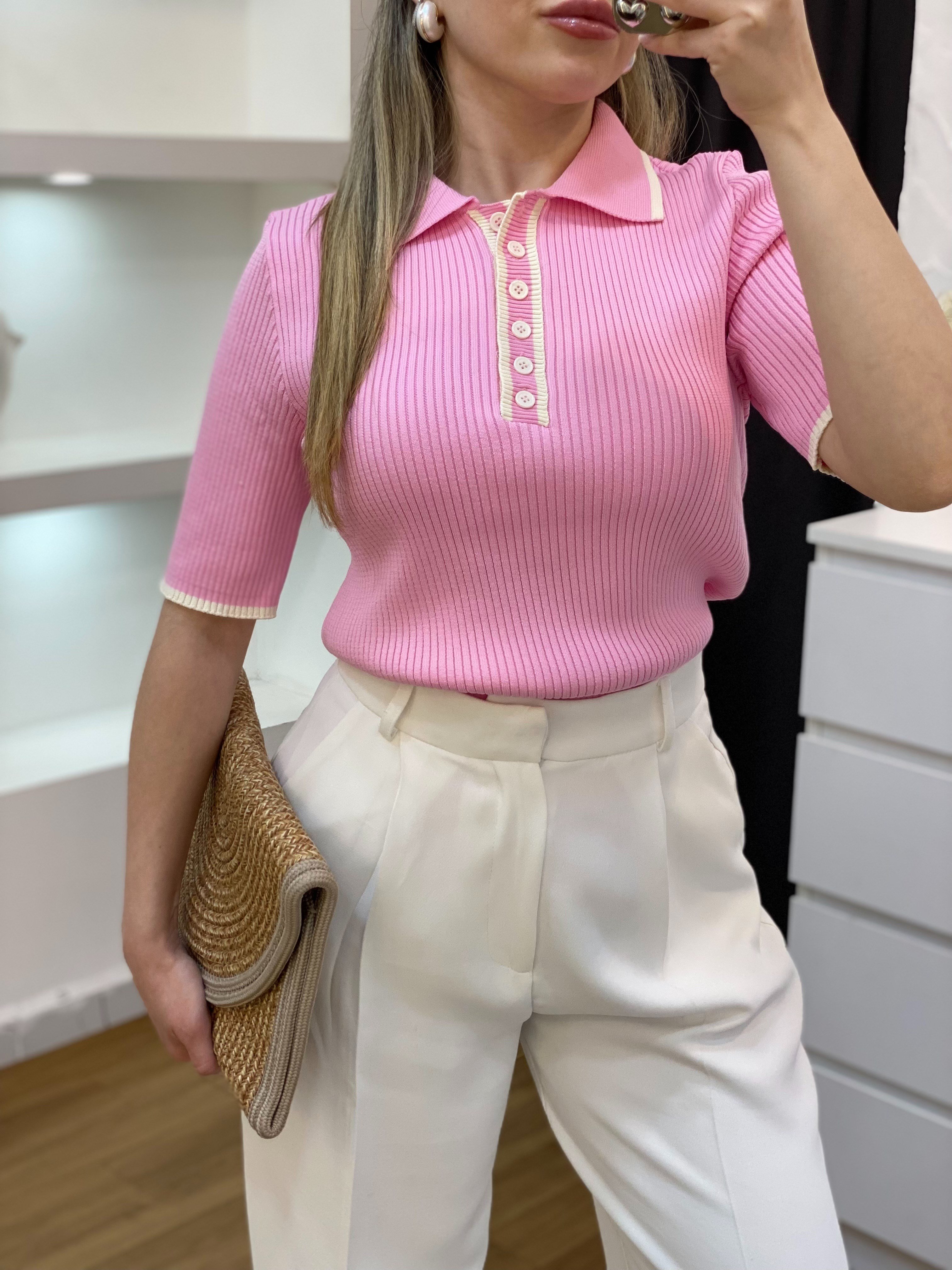 Pembe Polo Yaka Elit Triko Bluz