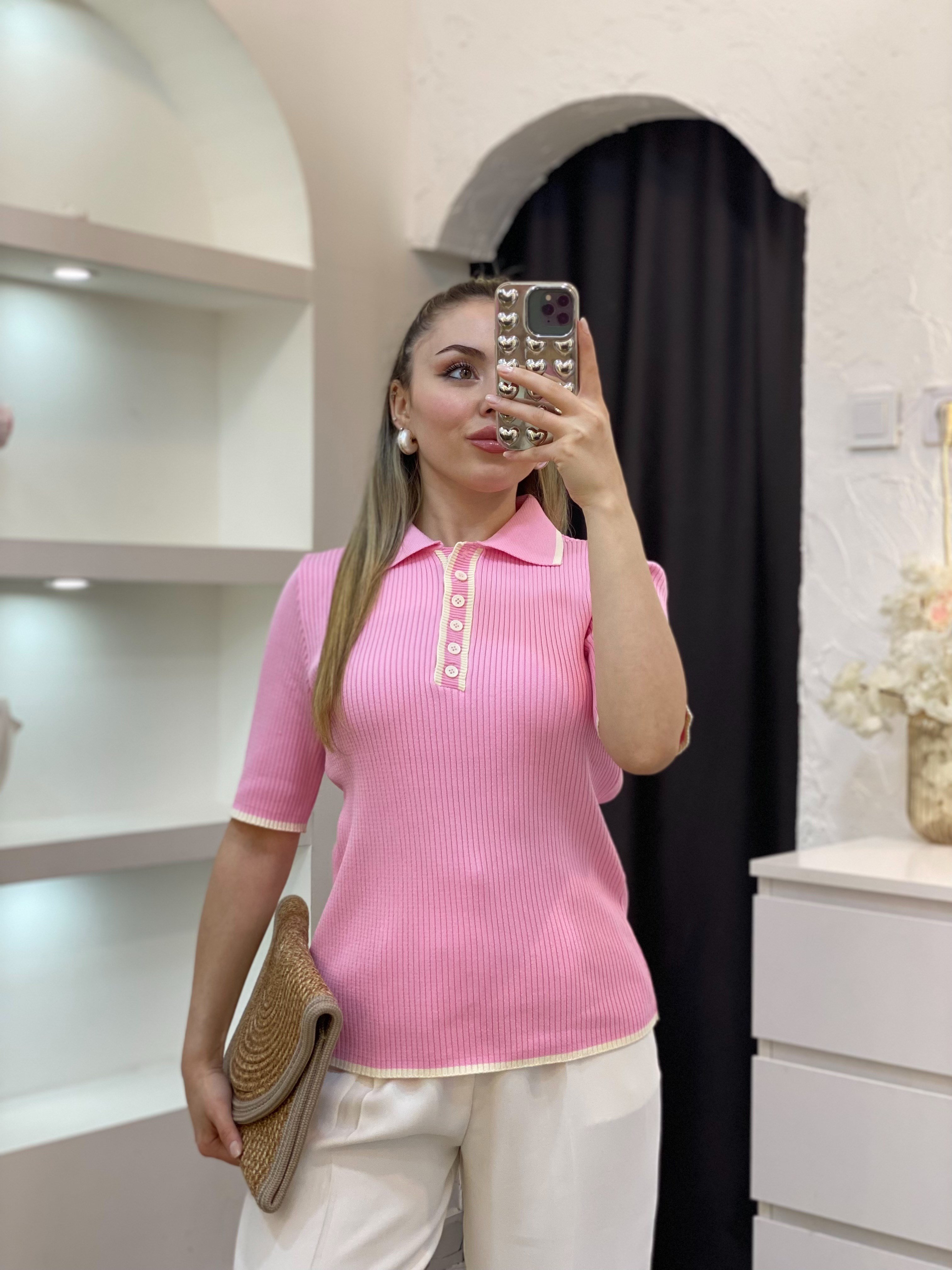 Pembe Polo Yaka Elit Triko Bluz