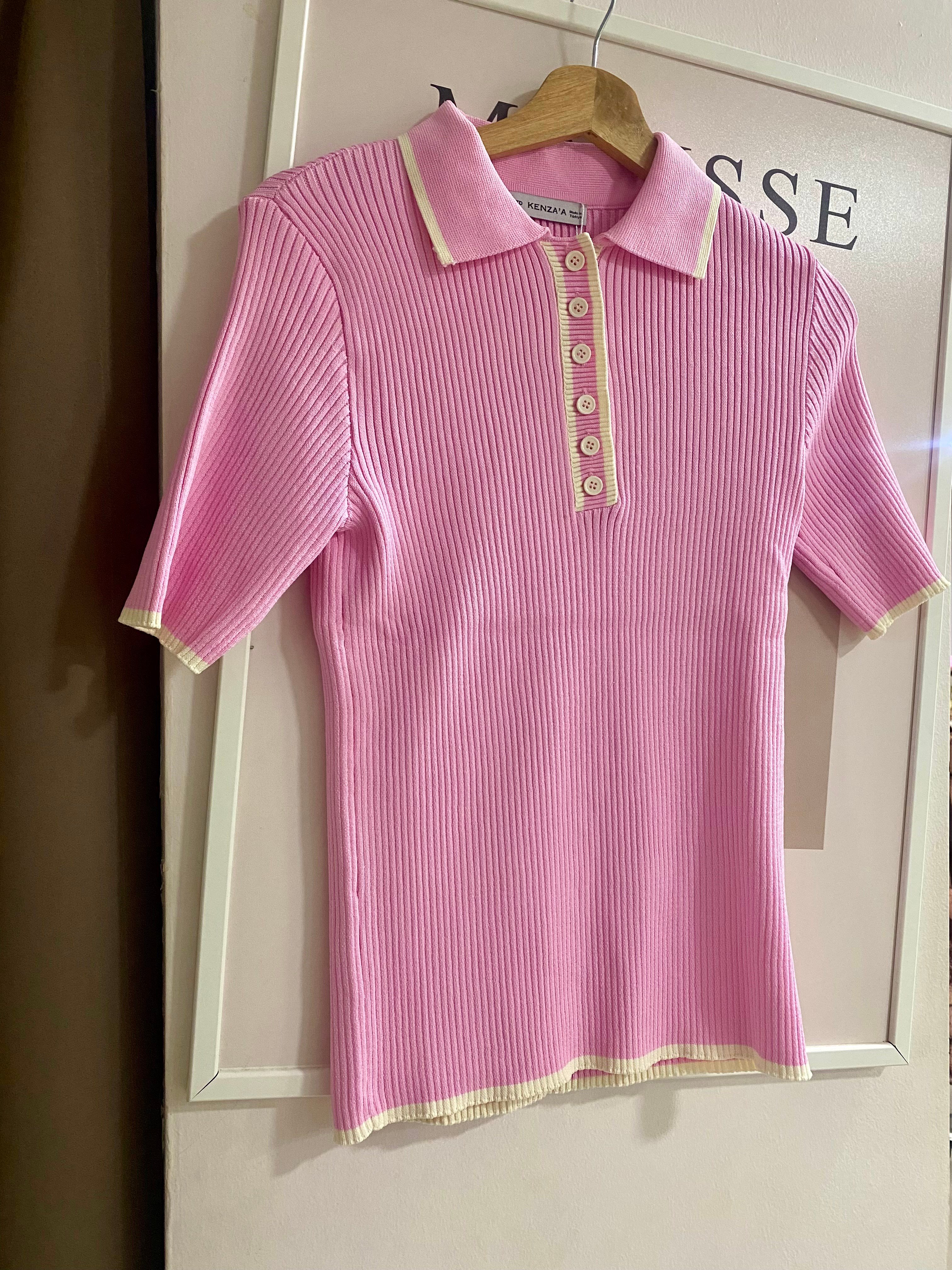 Pembe Polo Yaka Elit Triko Bluz