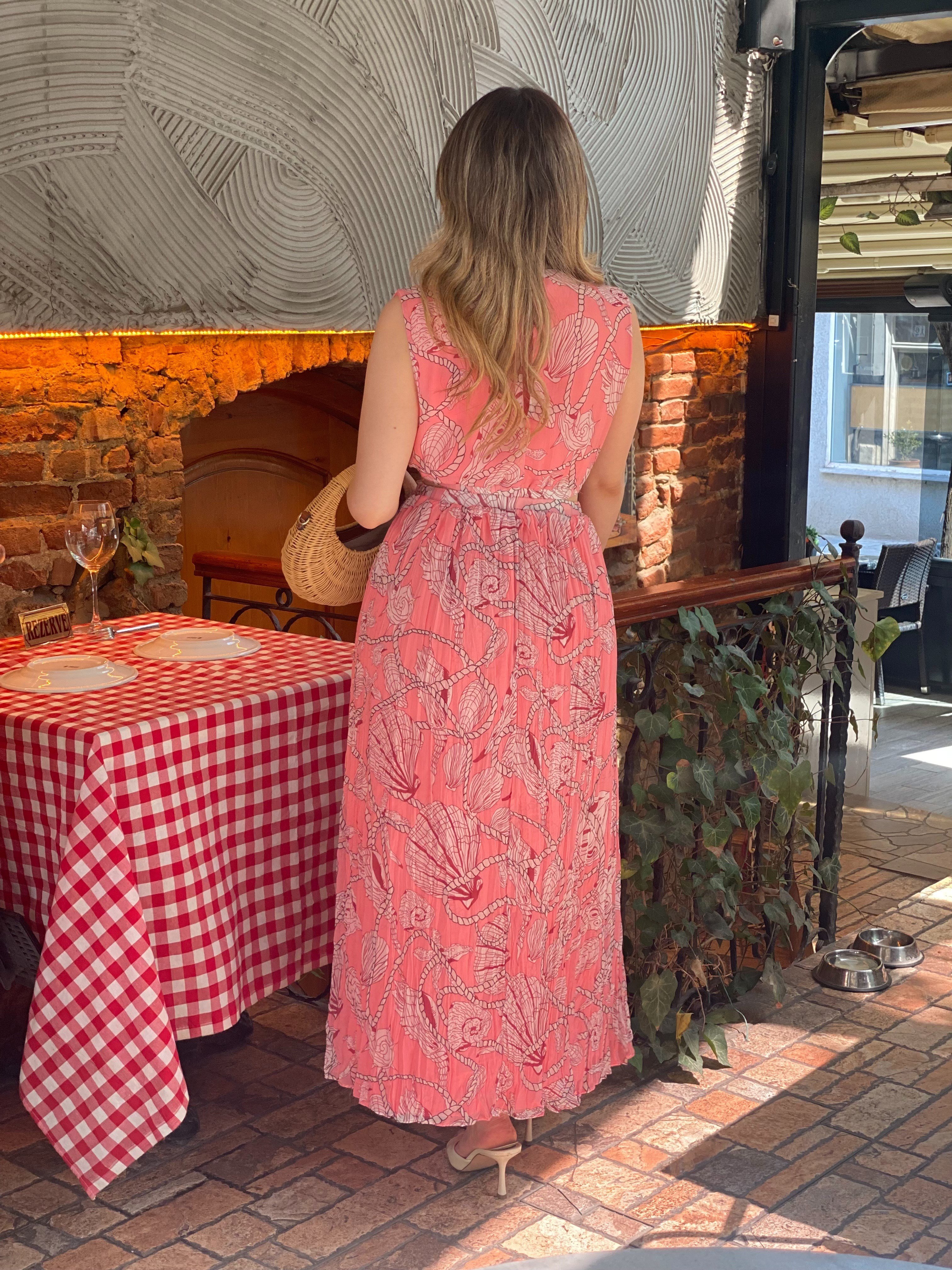 Pembe Premium Kalite Bel Dekolteli Elbise 