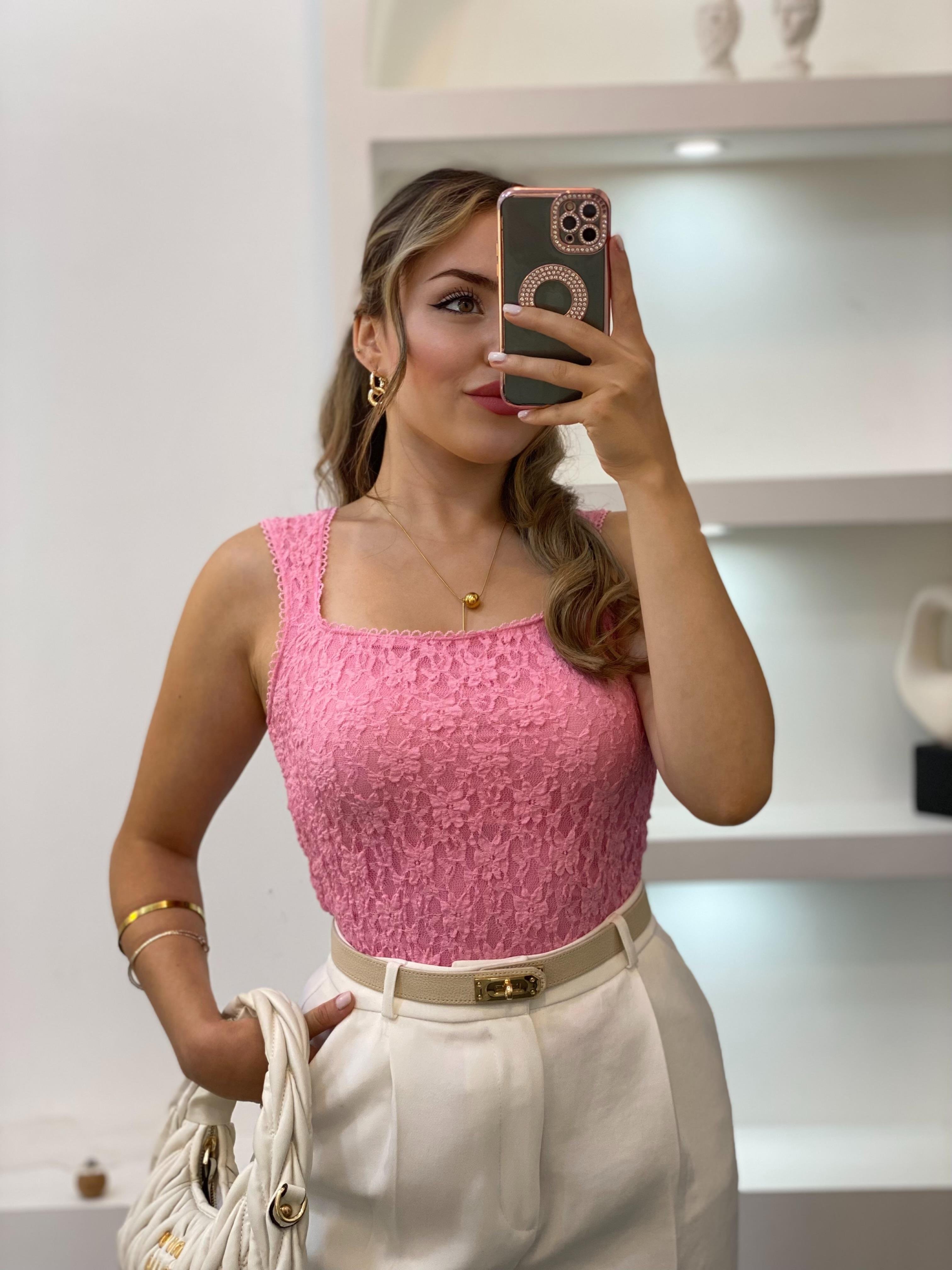 Pembe Sandık Yaka Dantel Bluz