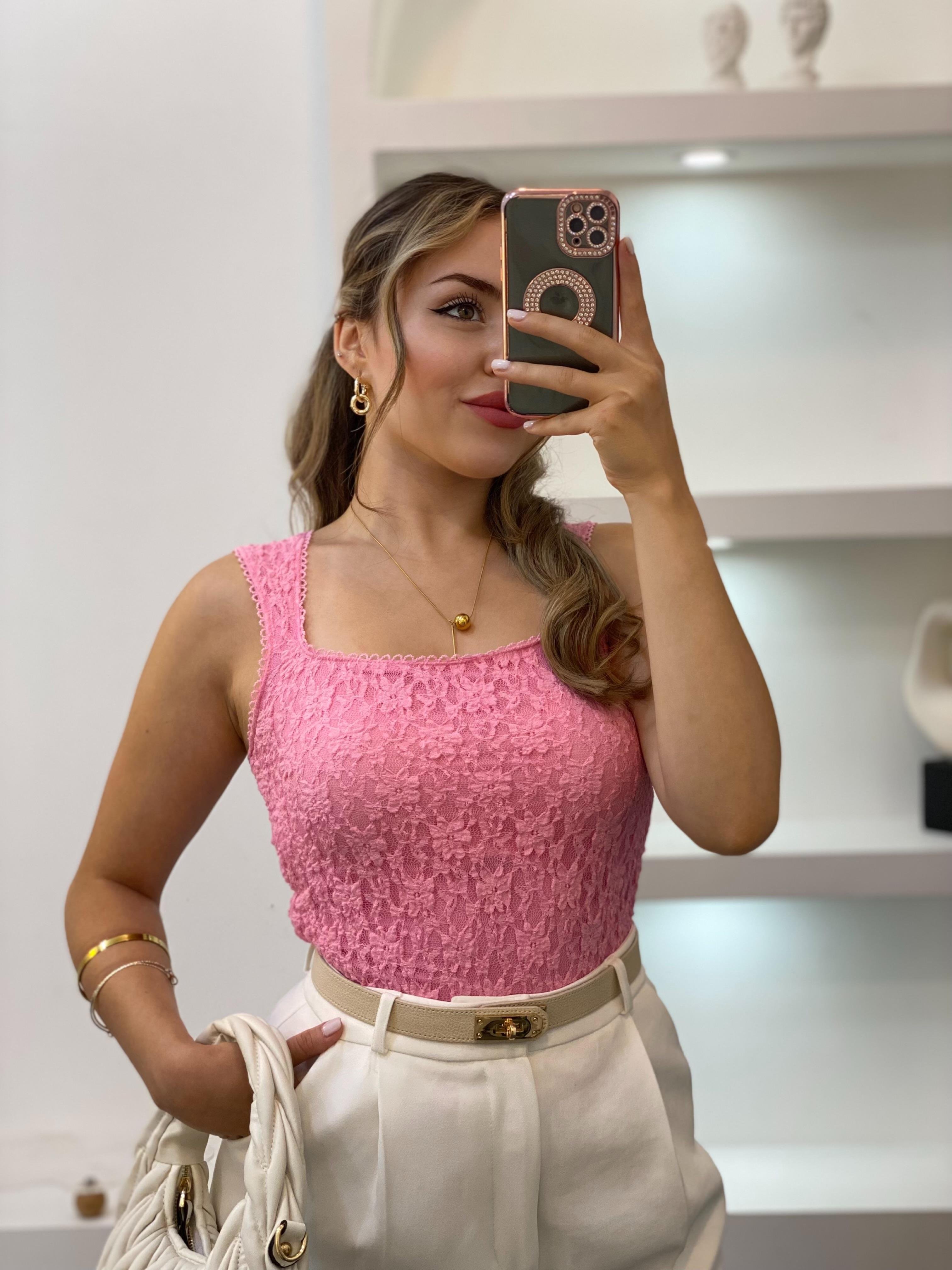 Pembe Sandık Yaka Dantel Bluz