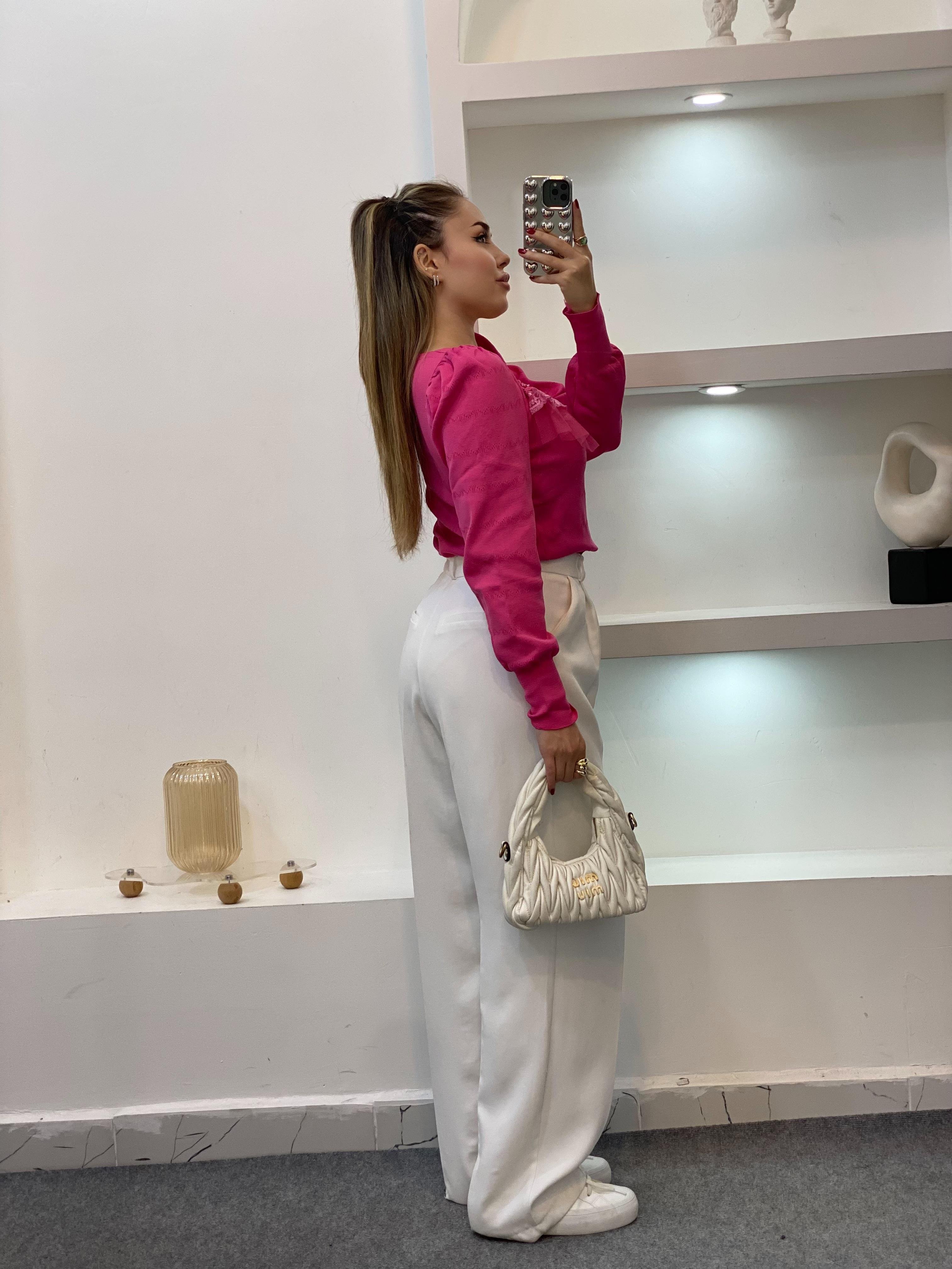 Pembe Tül Detay İnci Çakımlı Triko Bluz