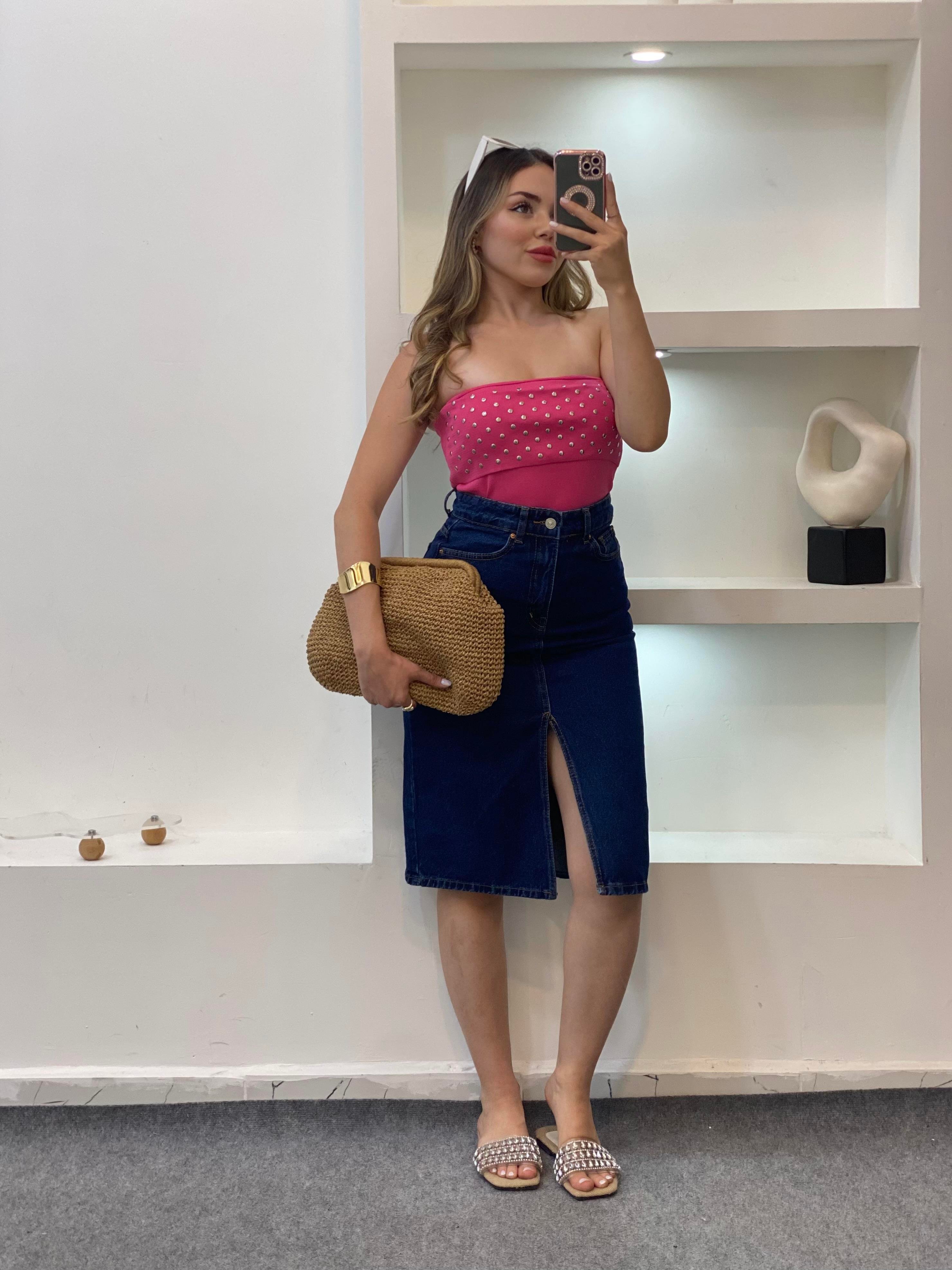 Pembe Zımbalı Straplez Triko Bluz