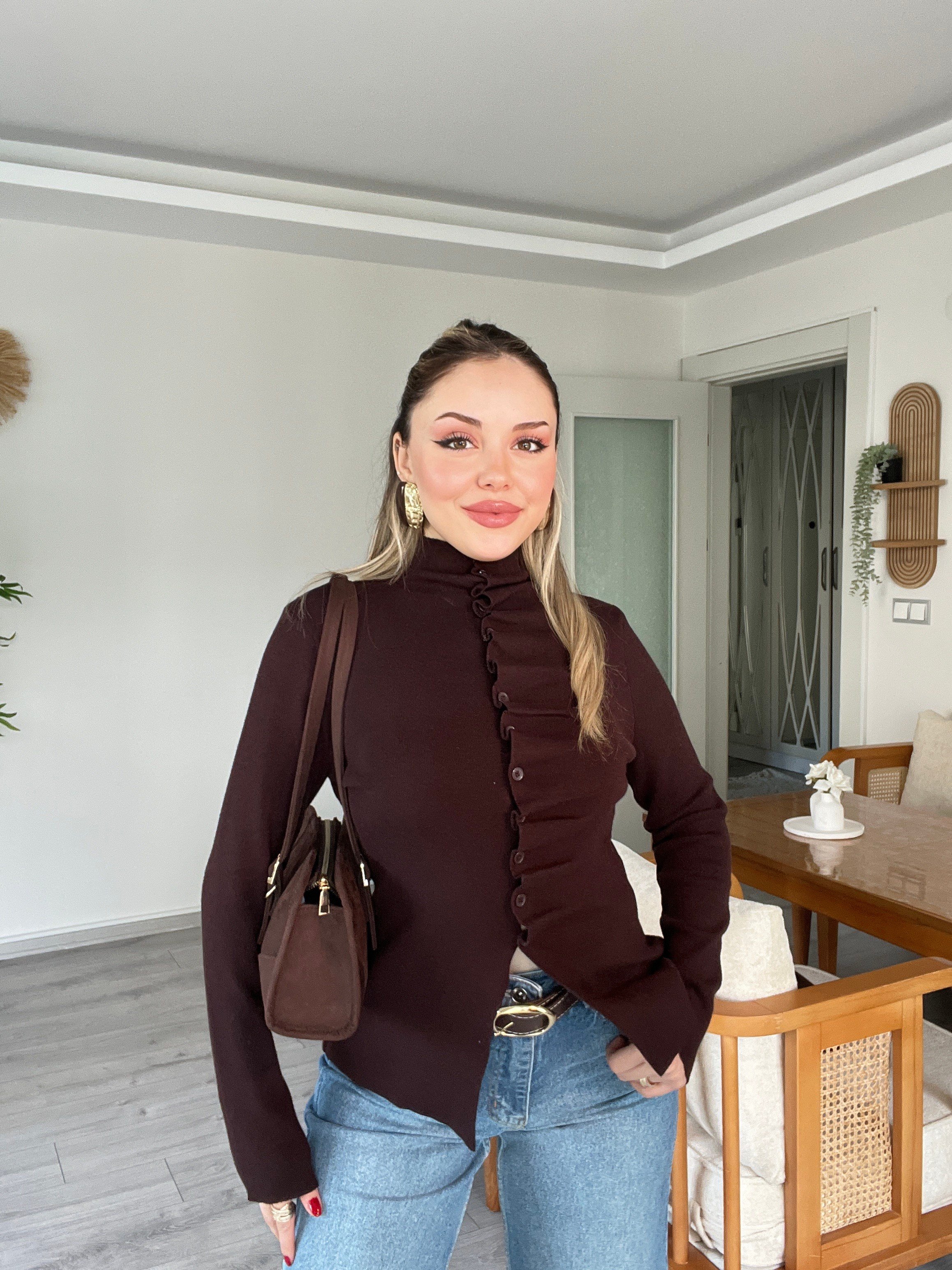 Premium Kahve Önü Drapeli Düğmeli Triko