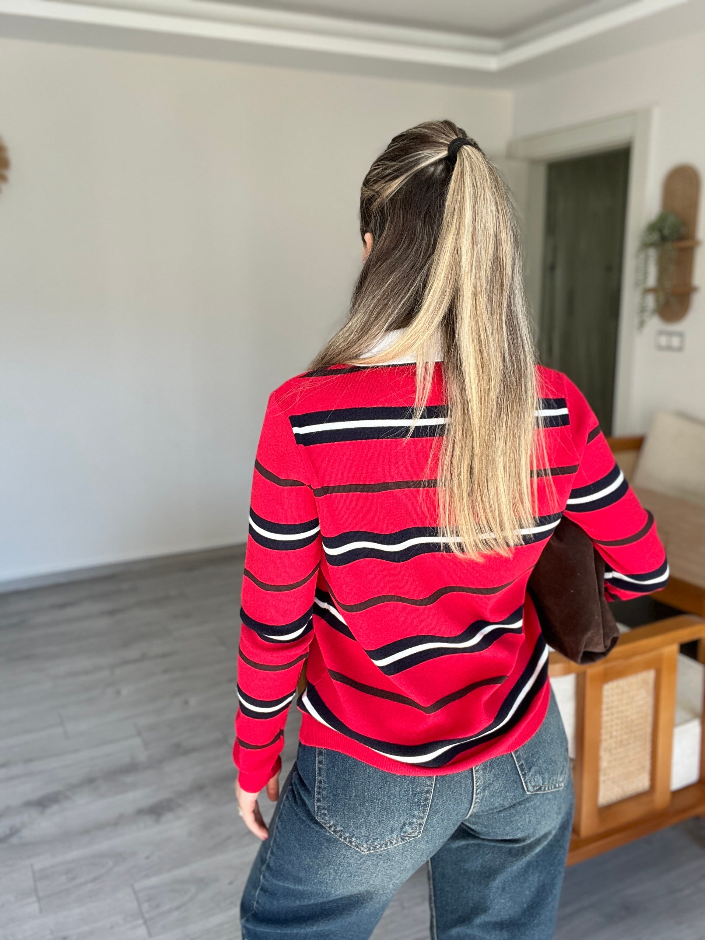 Premium Kırmızı Çizgili Polo Yaka Elit Triko
