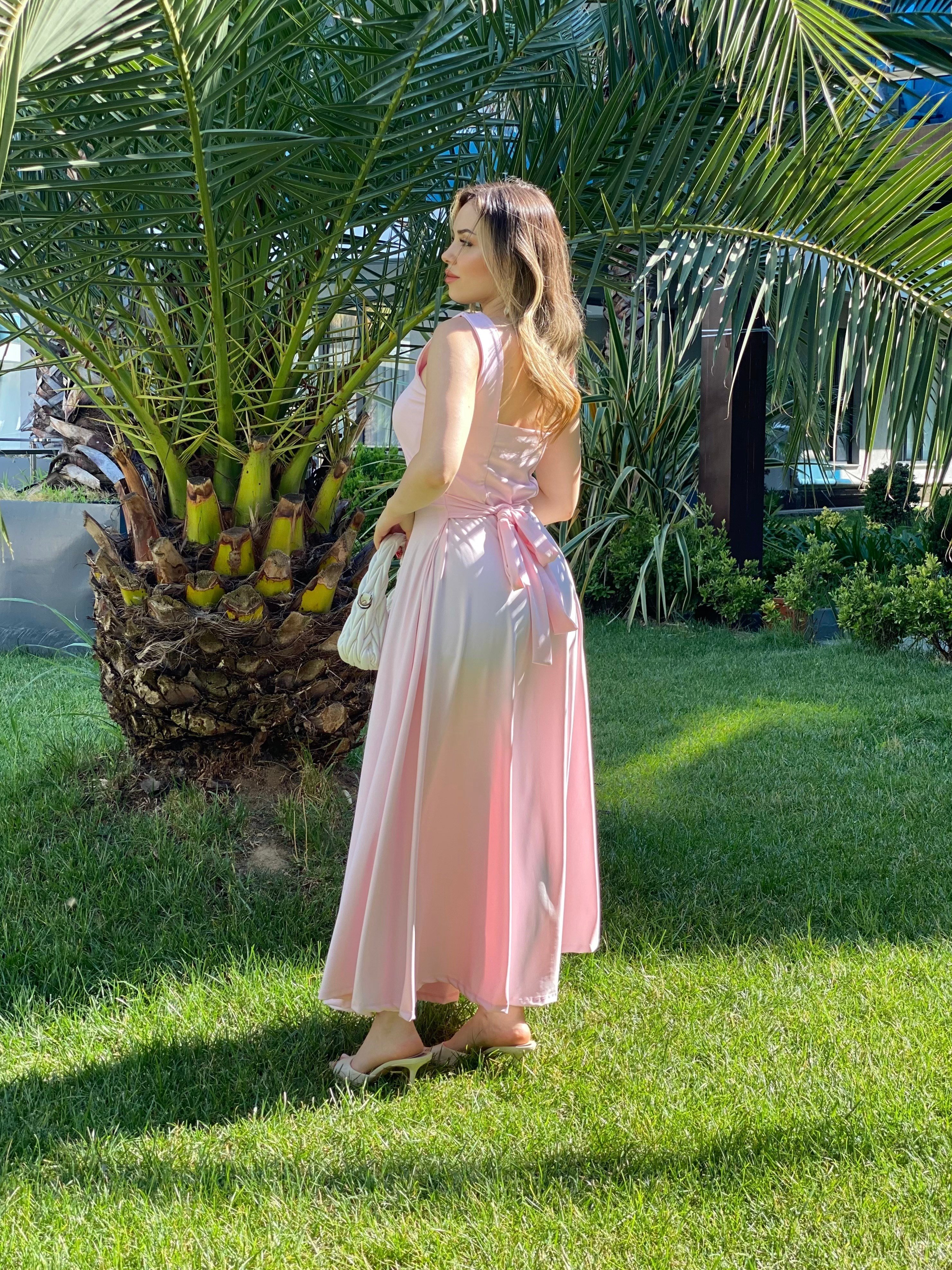 Pudra Pembe Likralı Kuşaklı Scuba Elbise