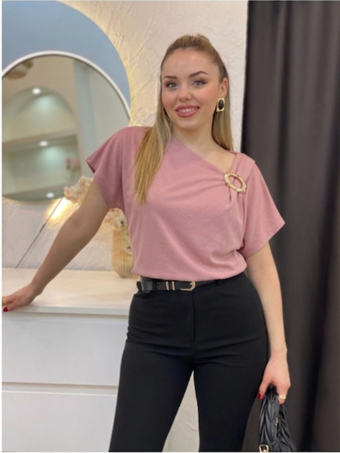 Pudra Pembe Omuz Gold Çıkarılabilir Broşlu Modal Bluz