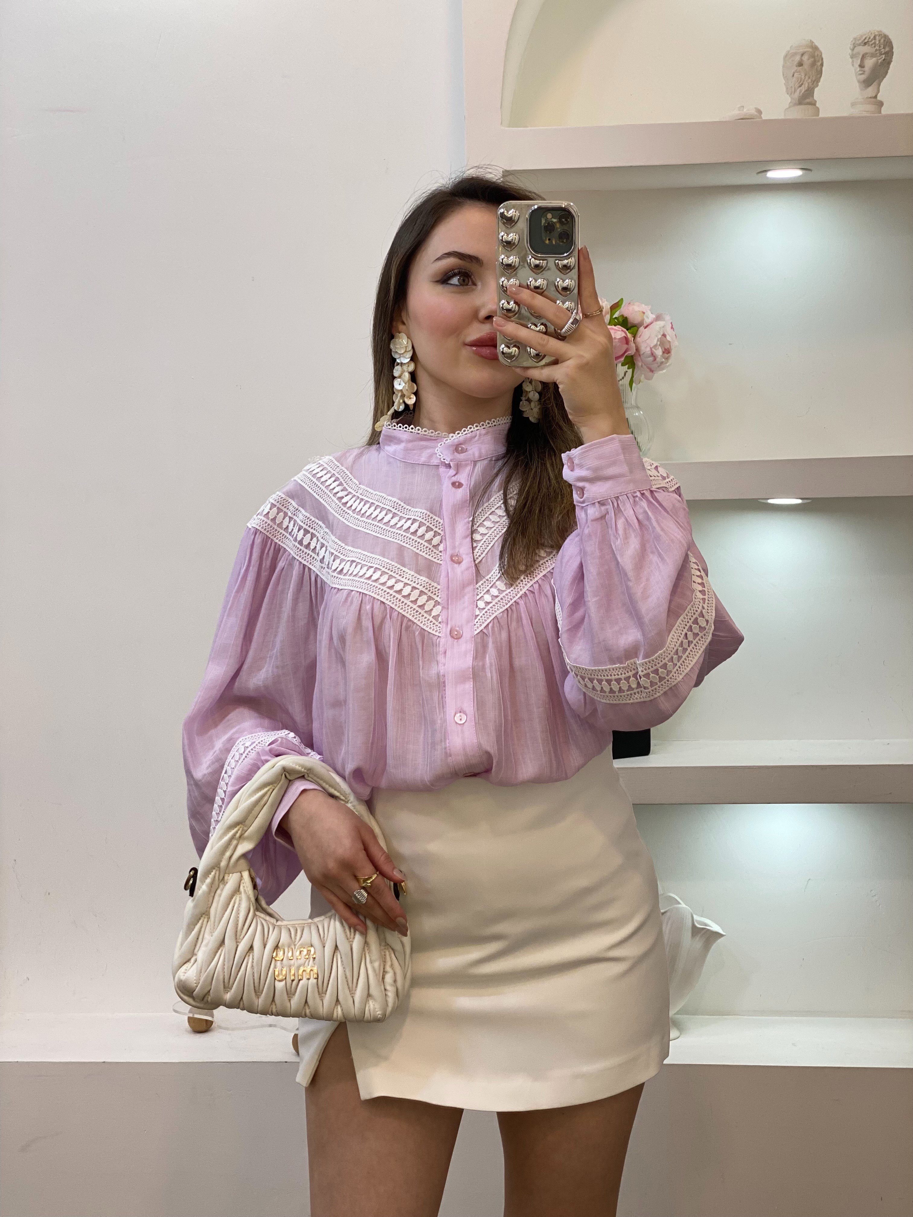 Pudra Pembe Premium Kalite Dantel Detaylı Gömlek 