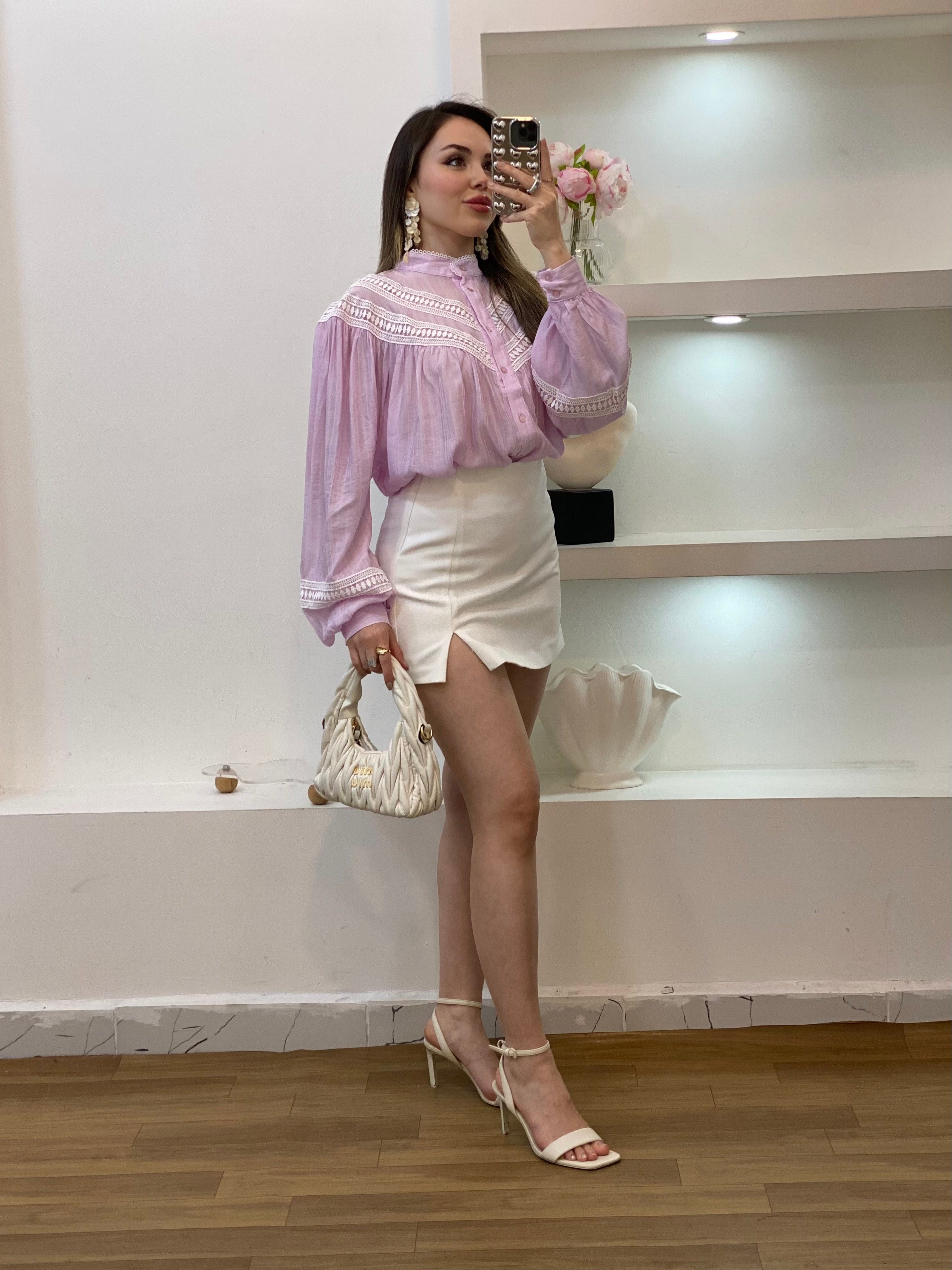 Pudra Pembe Premium Kalite Dantel Detaylı Gömlek 
