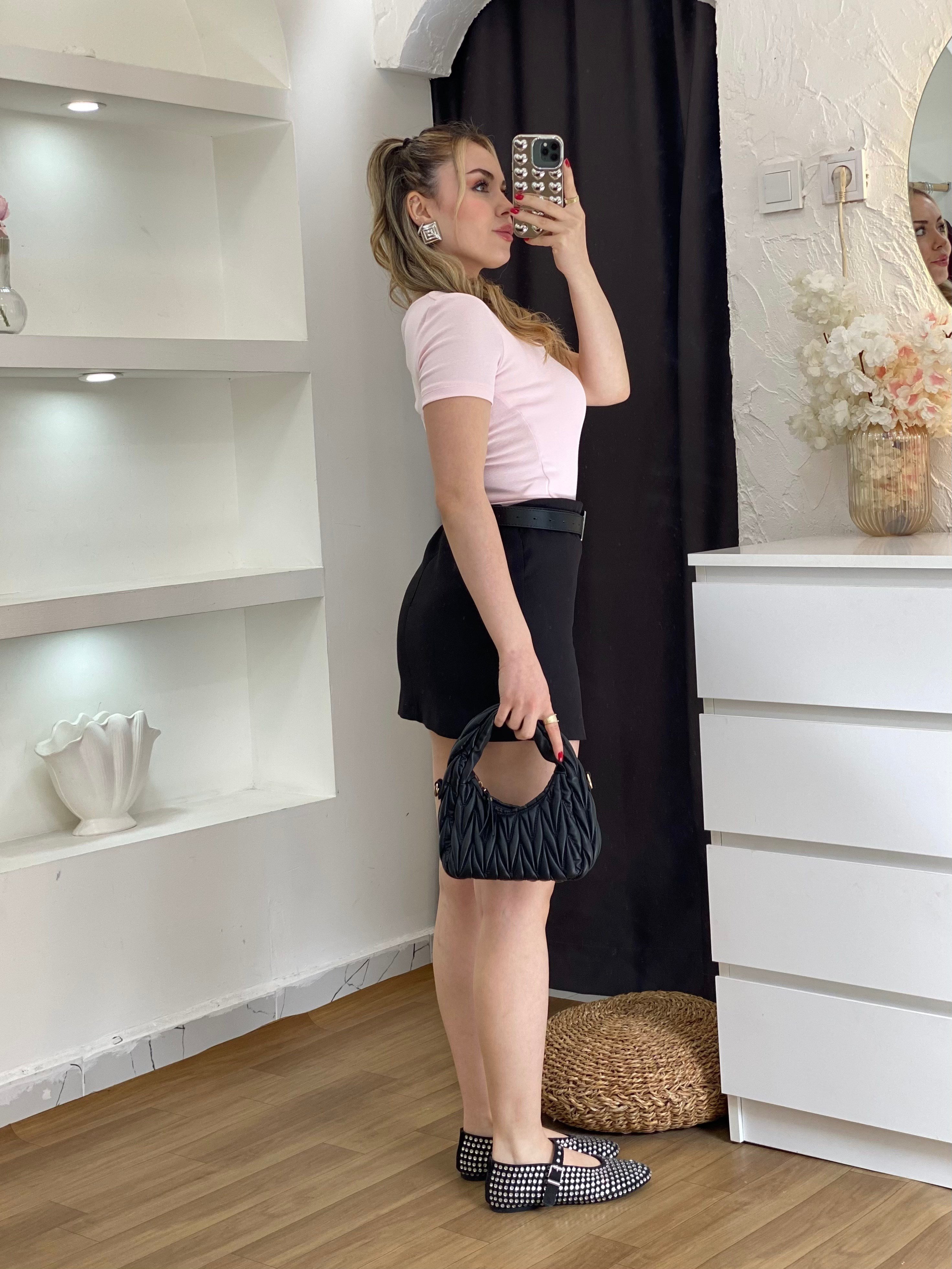 Pudra Pembe Sandık Yaka Kısa Kol Basic Bluz