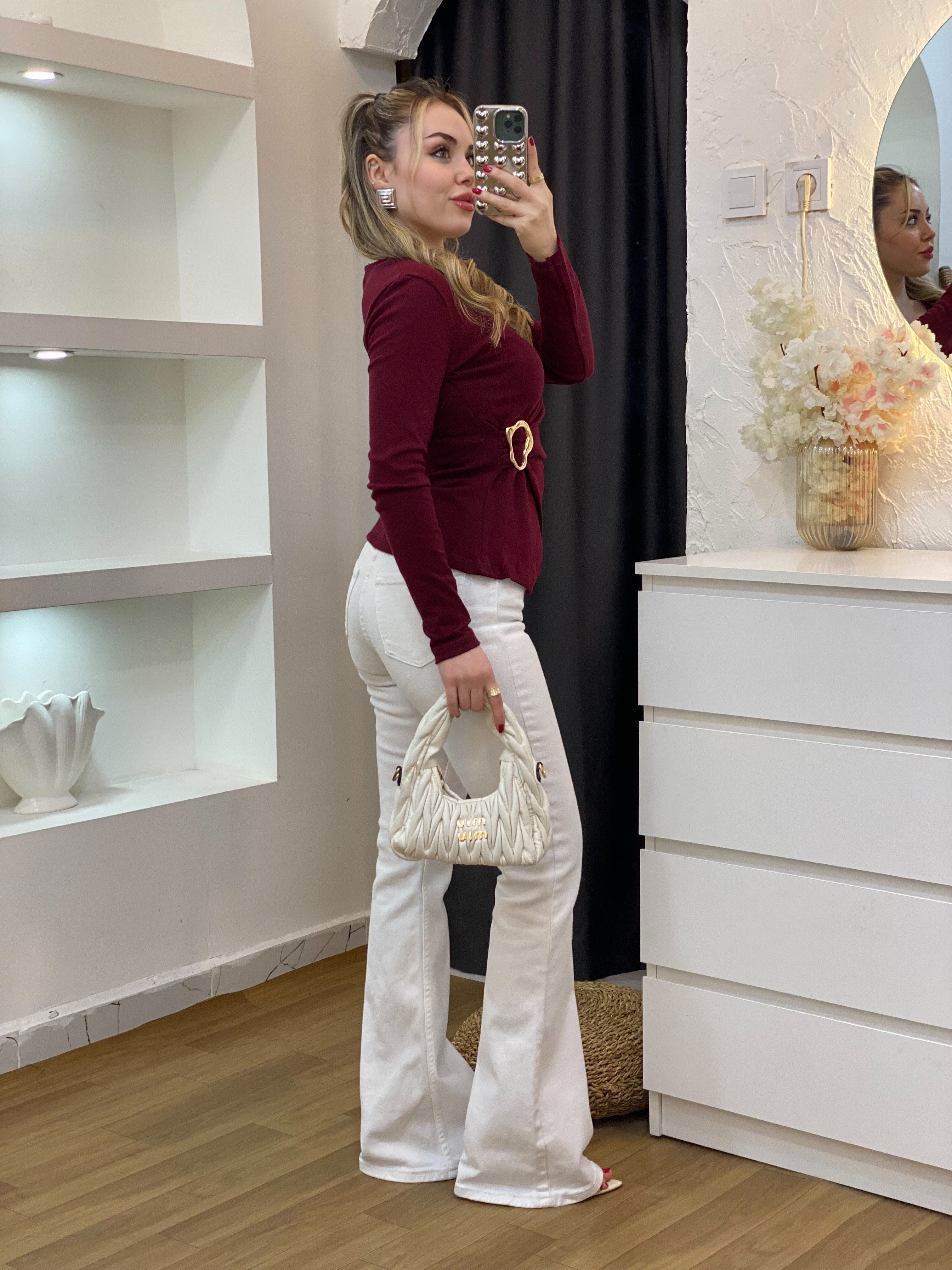 Q Marka Bordo Kruvaze Yaka Gold Broşlu Bluz 