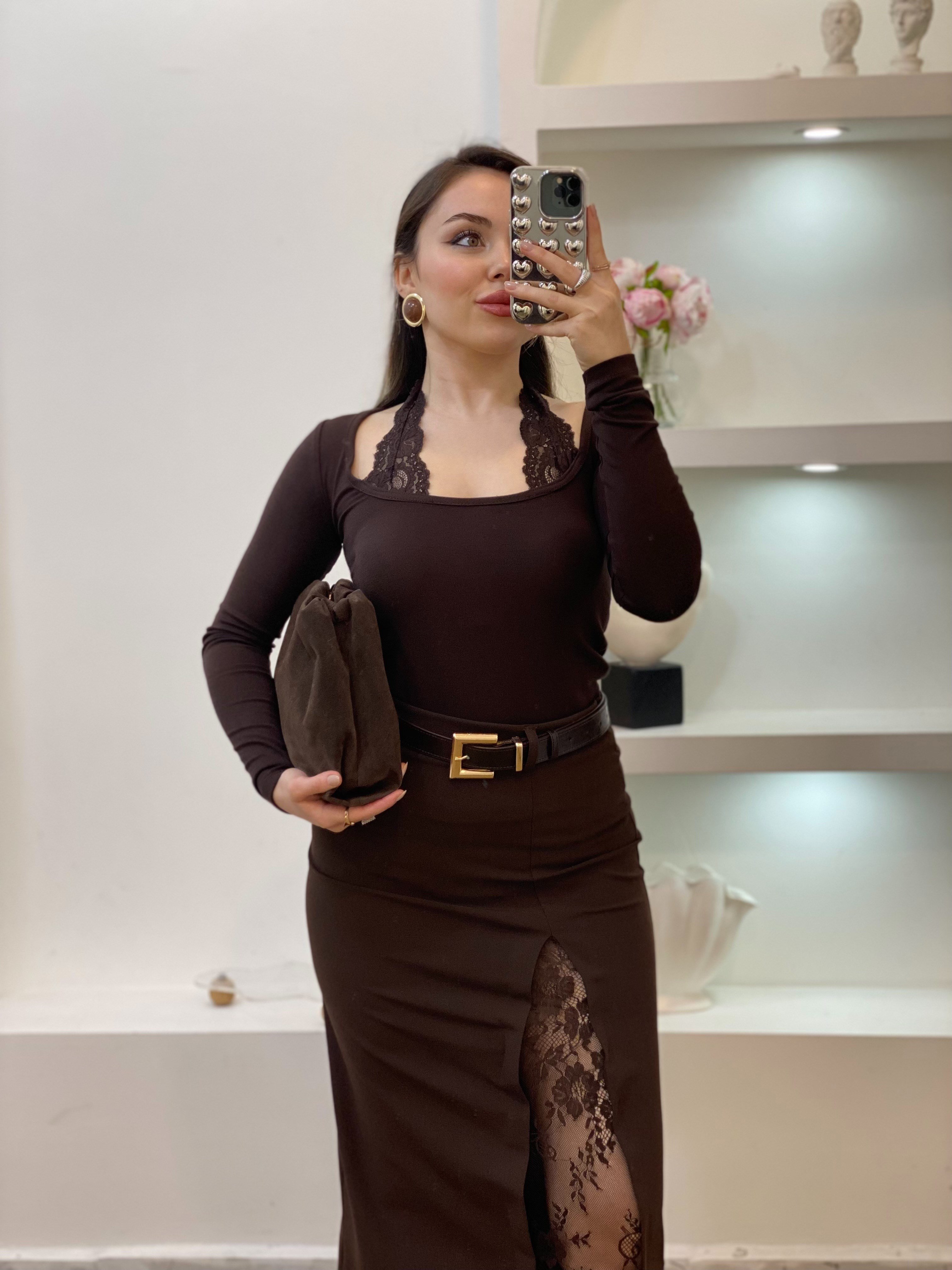 Q Marka Dantel Detaylı Kahve Bluz 